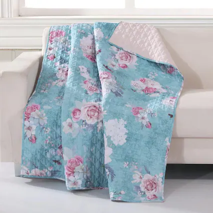 Front. Barefoot Bungalow - Greenland Home Fashions Barefoot Bungalow Avril Floral Throw Blanket, Turquoise Blue - Turquoise blue.