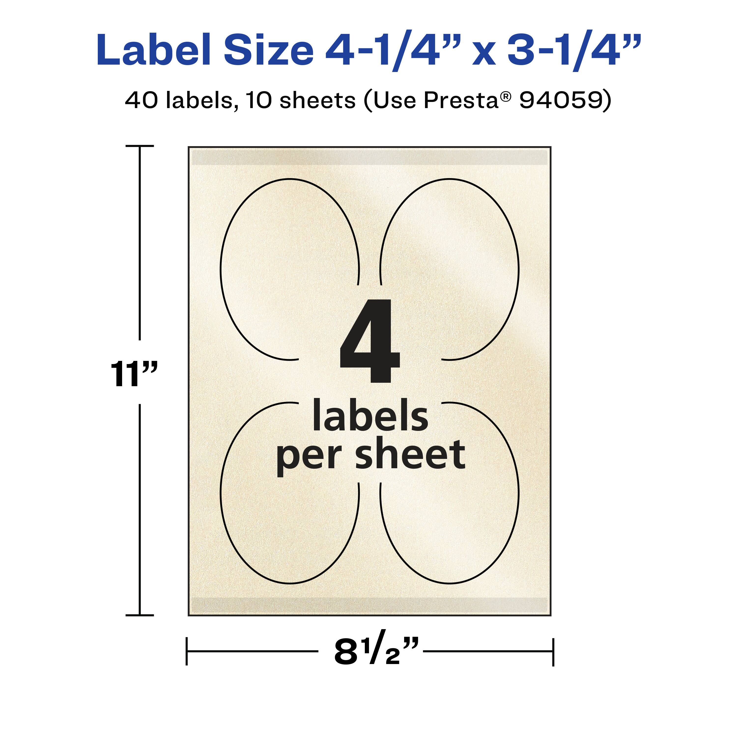 Label Size 4-1/4" x 3-1/4"  
40 labels, 10 sheets (Use Presta® 94059)  
11"  
4 labels per sheet  
8-1/2"