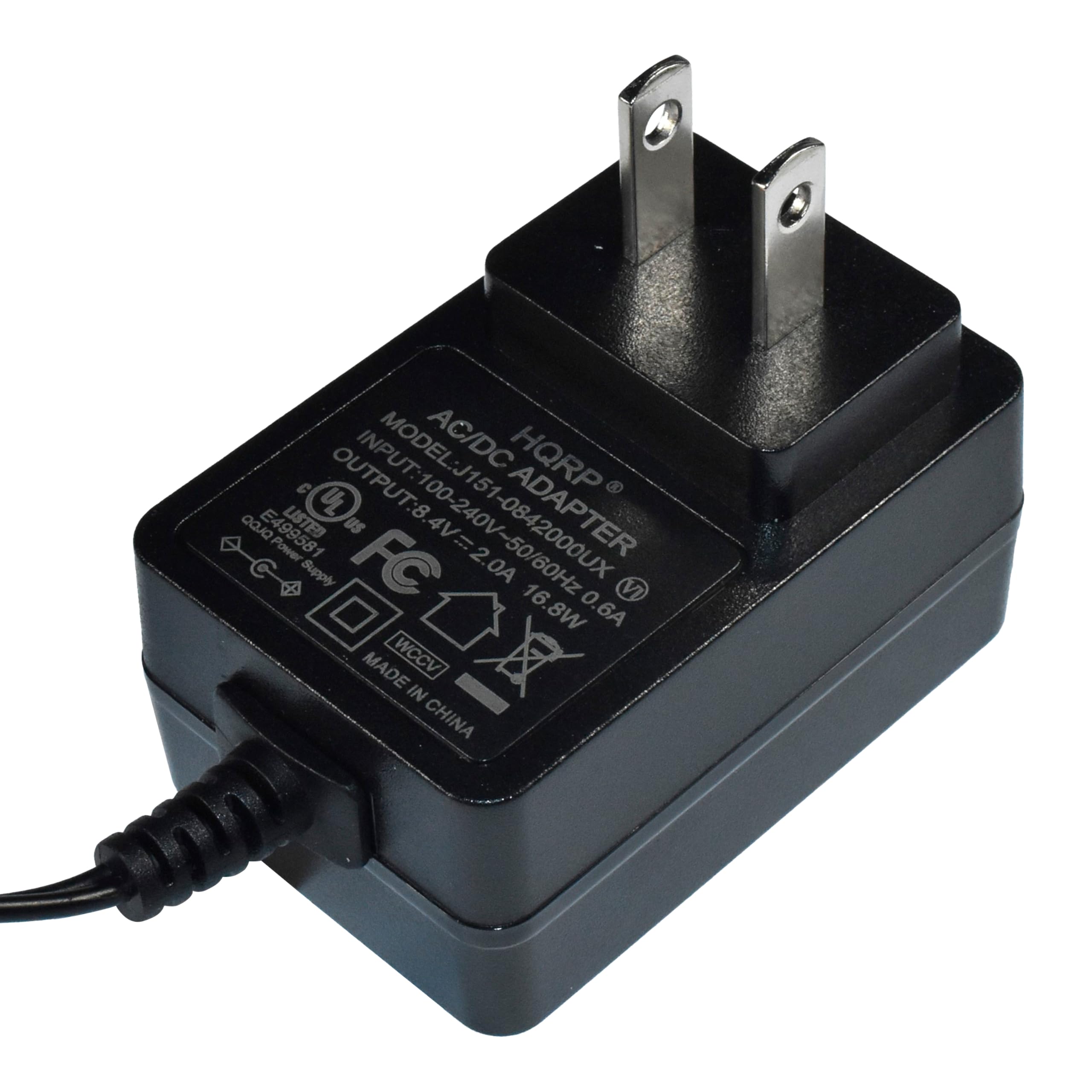 AC/DC HQRP US UL OUTPUT: 8.4V 2.0A 8W MODEL: J151-0842000UX ADAPTER QaJ E499581 US 4V Power = FC 2. Supply AO @FC 16. O. V 8W 6 MADE WCCV X IN CHINA