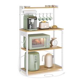 Songmics Home - Kitchen Bakers Rack with Power Outlet, Coffee Bar 4-Tier with 8 S Hooks, Microwave Stand, Adjustable Shelf - Golden Oak and Cloud White