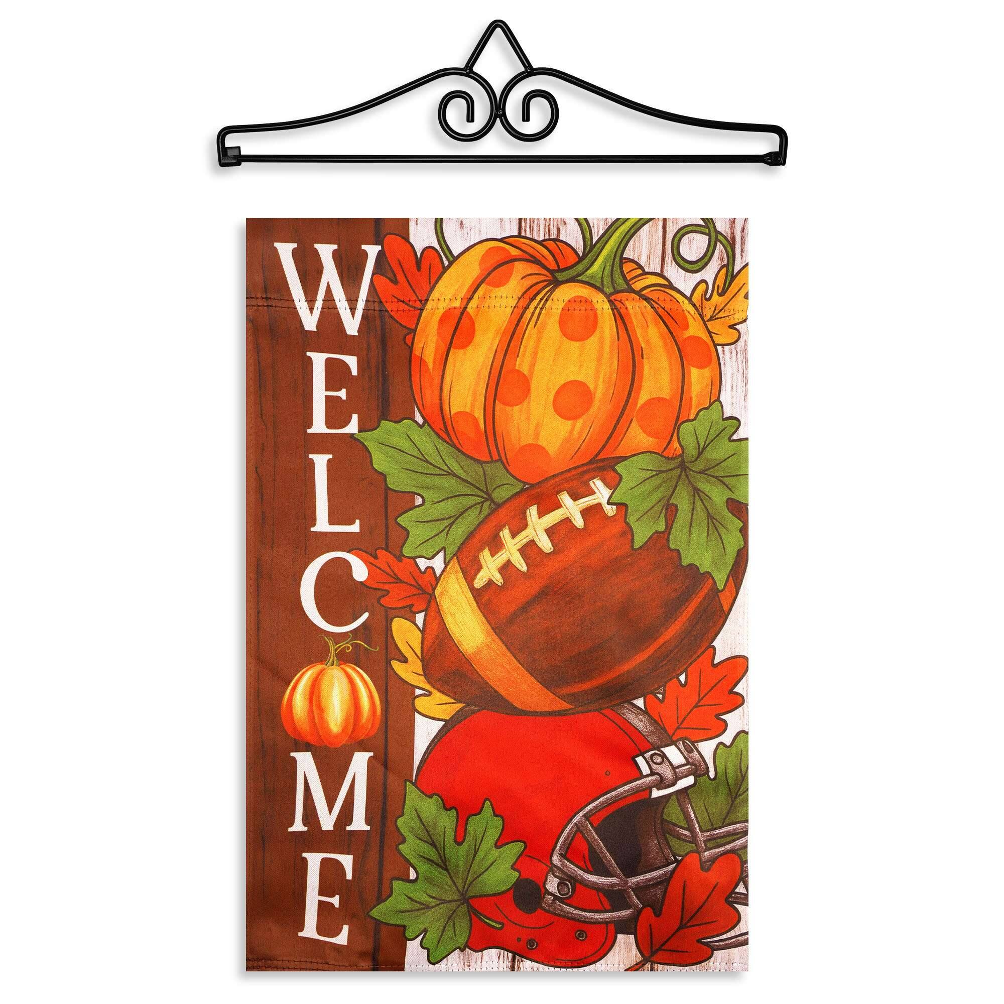 Front. G128 - G128 12x18IN Welcome Fall Football Pumpkin Garden Flag with 14IN Hanger - Orange.