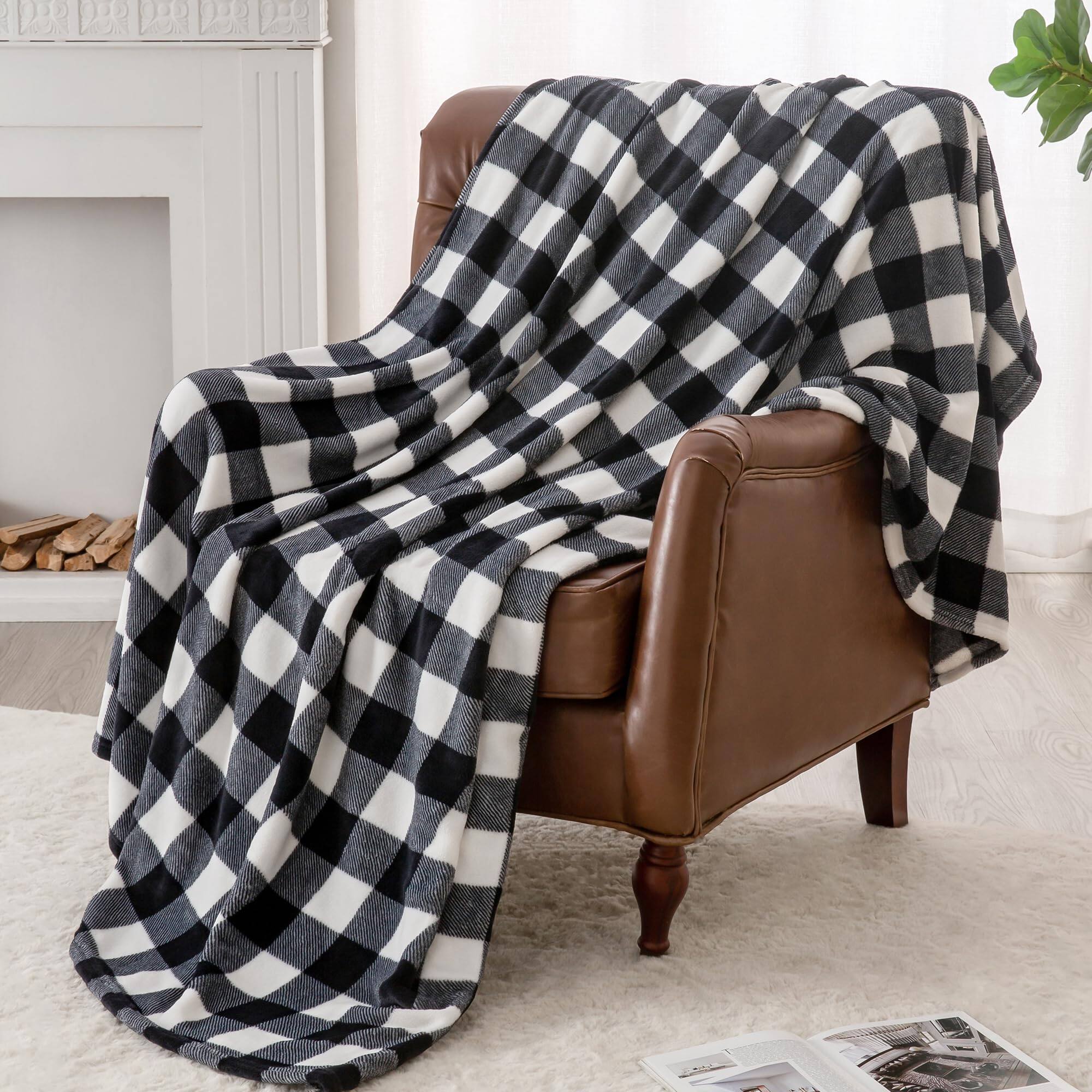Alt View 1. ThinkLink Electronic - Plaid Fleece Throw Blanket For Couch  Black & White Checkered Flannel Cozy Soft Decor Women Men 50"x60" - Black White Sherpa King(108"x90").