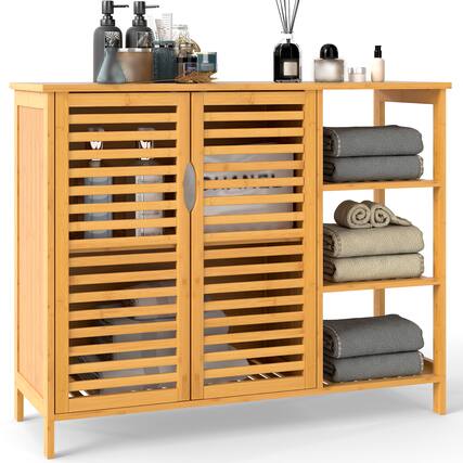 Front. Gymax - Gymax Bamboo Bathroom Cabinet 2-Door Storage Organizer w/ Shelves Natural - Natural.