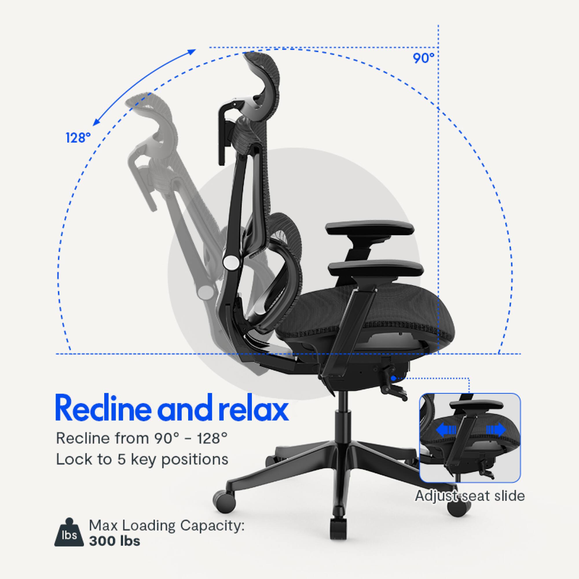Recline and relax  
Recline from 90° - 128°  
Lock to 5 key positions  
Adjust seat slide  
Max Loading Capacity: 300 lbs