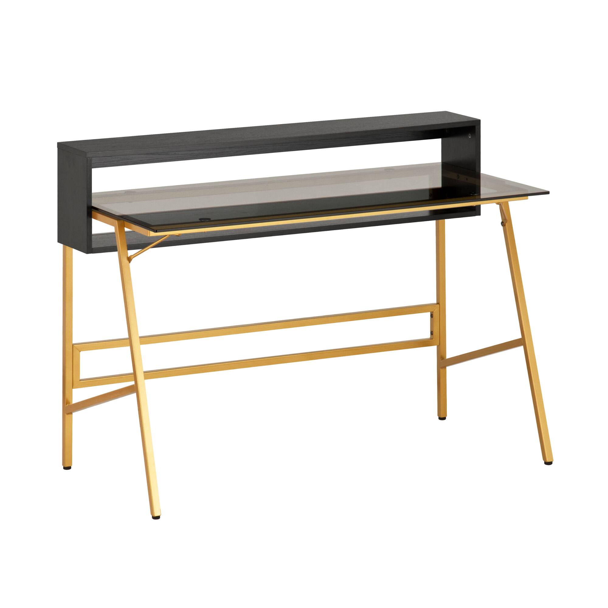 Alt View 4. GOODSILO - Modern Home Office Writing Desk with Tempered Glass Top and Open Shelves - Gold.