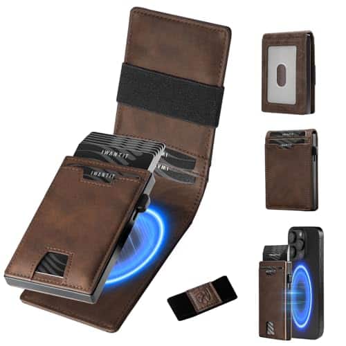 Vulpecula Spade - 3 in 1 MagSafe Wallet Men: Slim Bifold Money Clip + Smart Pop up Card Holder - Cash Strap, Men’s Minimalist Magnetic - Nubuck Brown