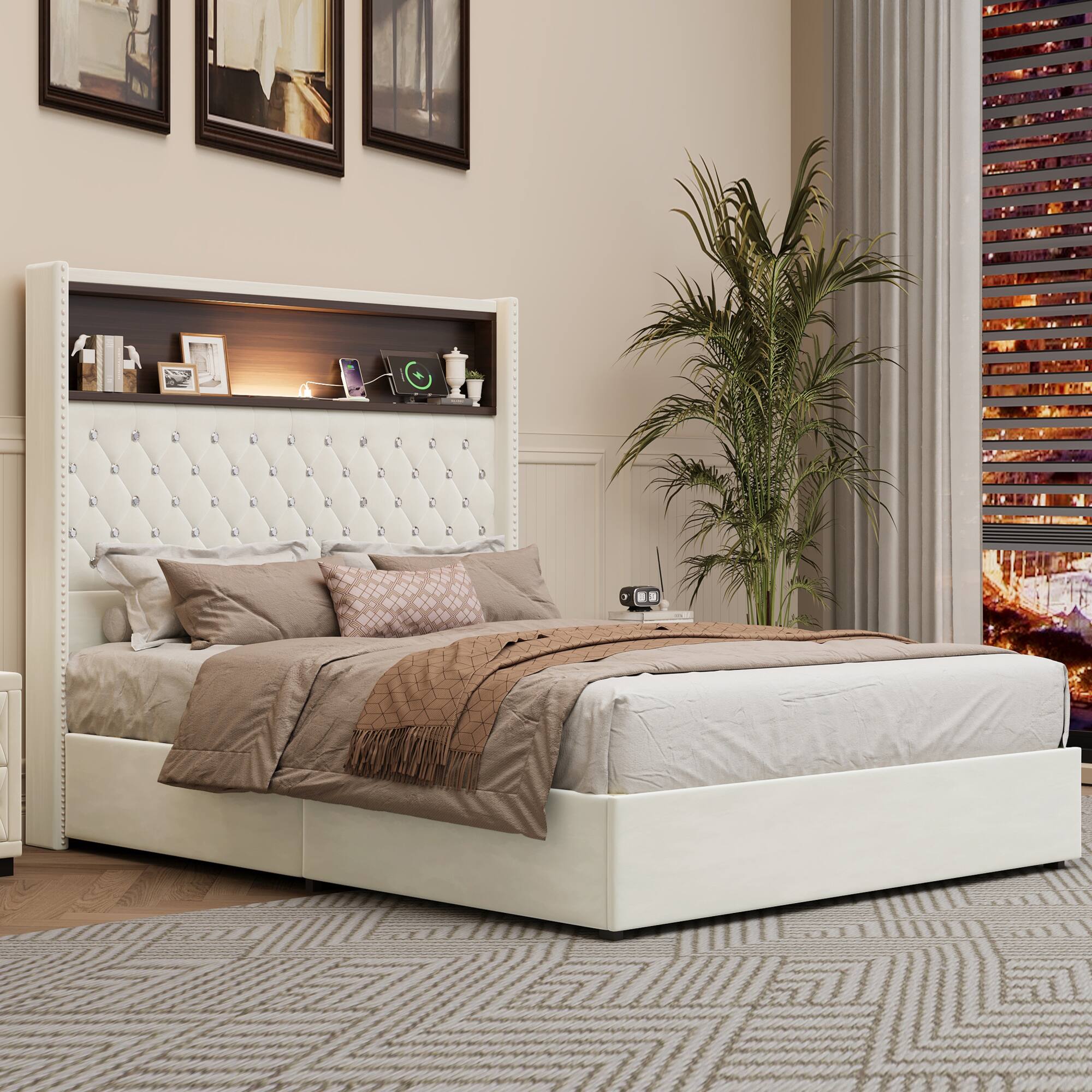 Left. GOODSILO - Luxurious Velvet Tufted Bed Frame with USB Port and Night Light, High Headboard Platform Bed - Beige.