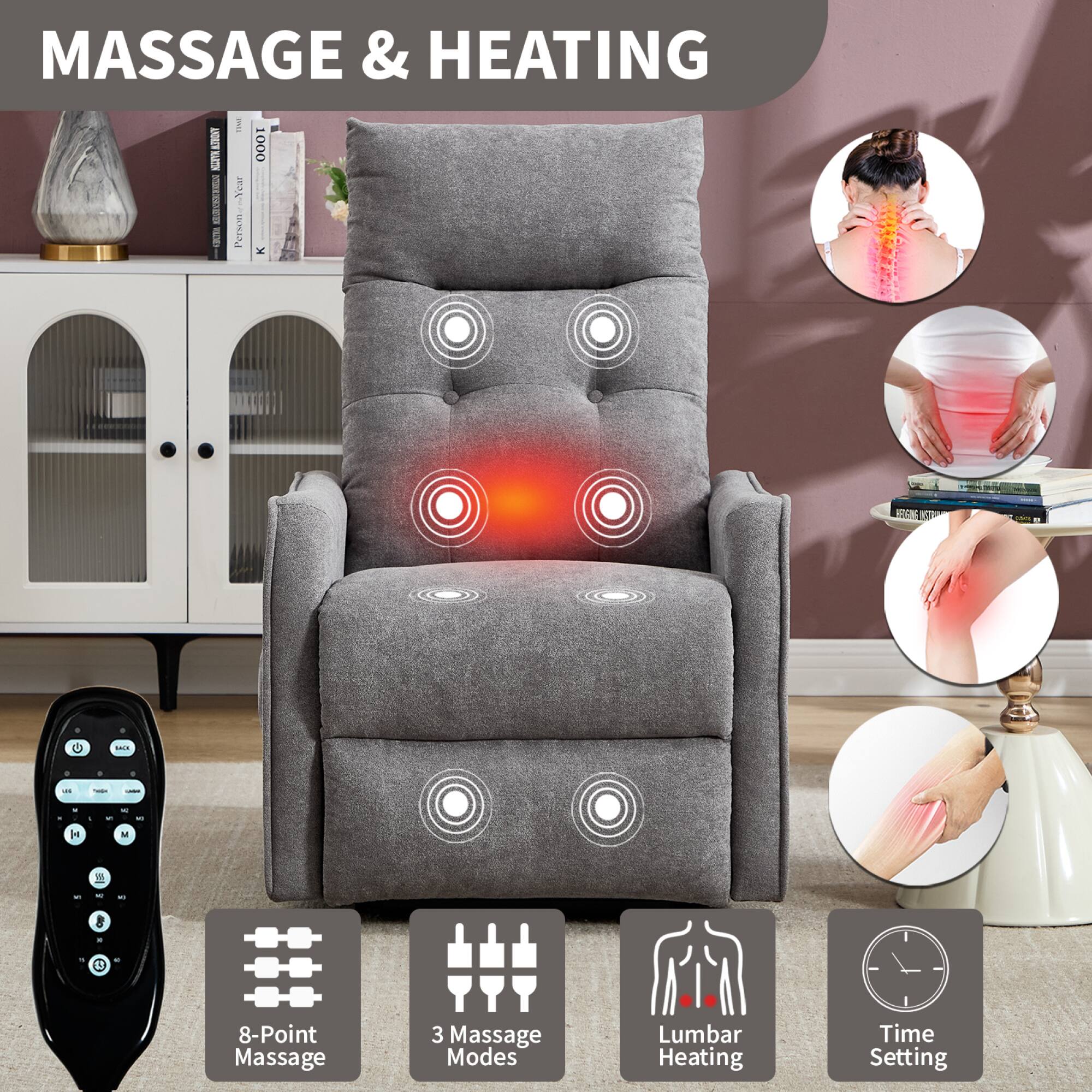 MASSAGE & HEATING

8-Point Massage  
3 Massage Modes  
Lumbar Heating  
Time Setting