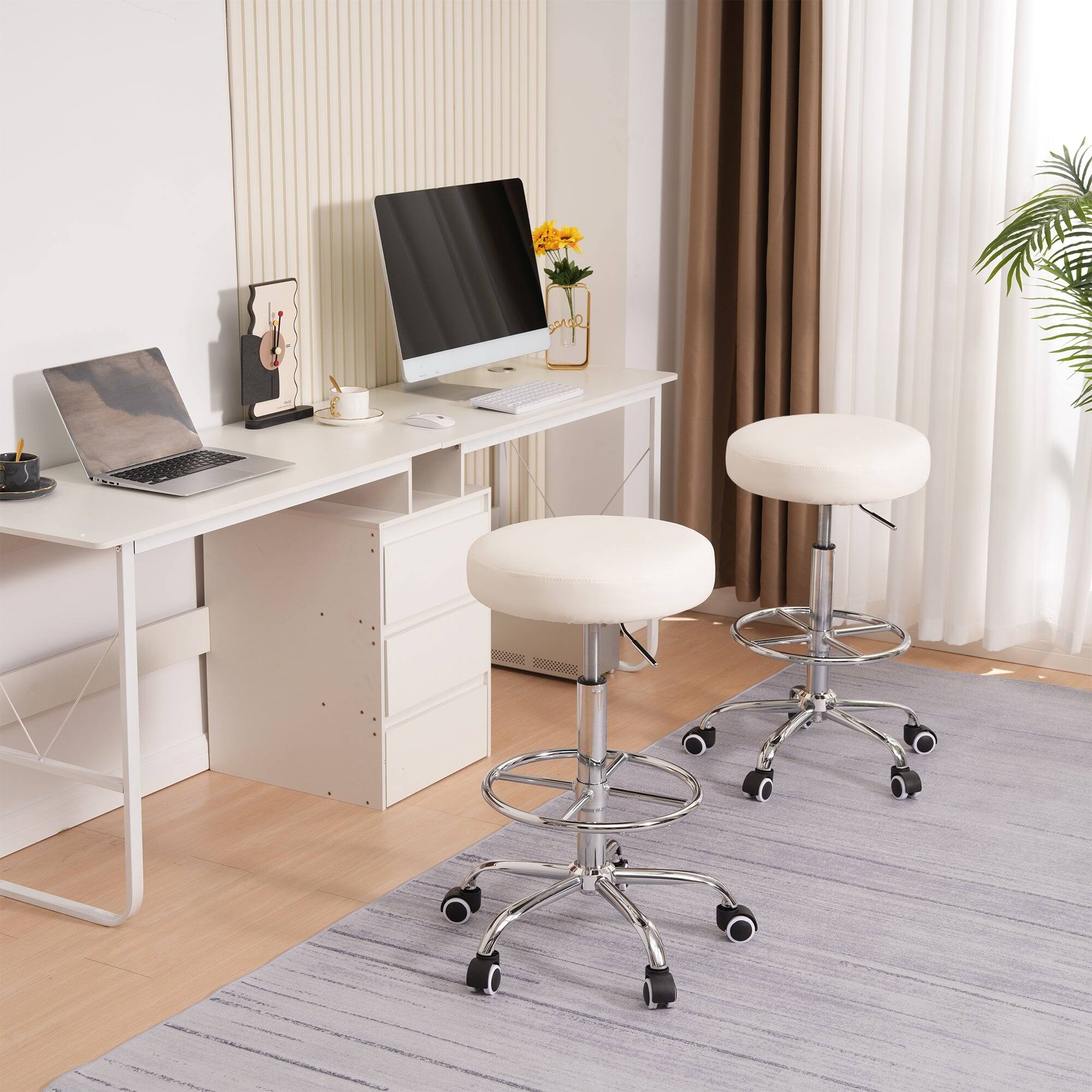 Angle. Vecelo - Set Of 2 Adjustable Height Swivel Stool with Footrest - PU Leather Rolling Stool Salon Stools,330lb Capacity - White.