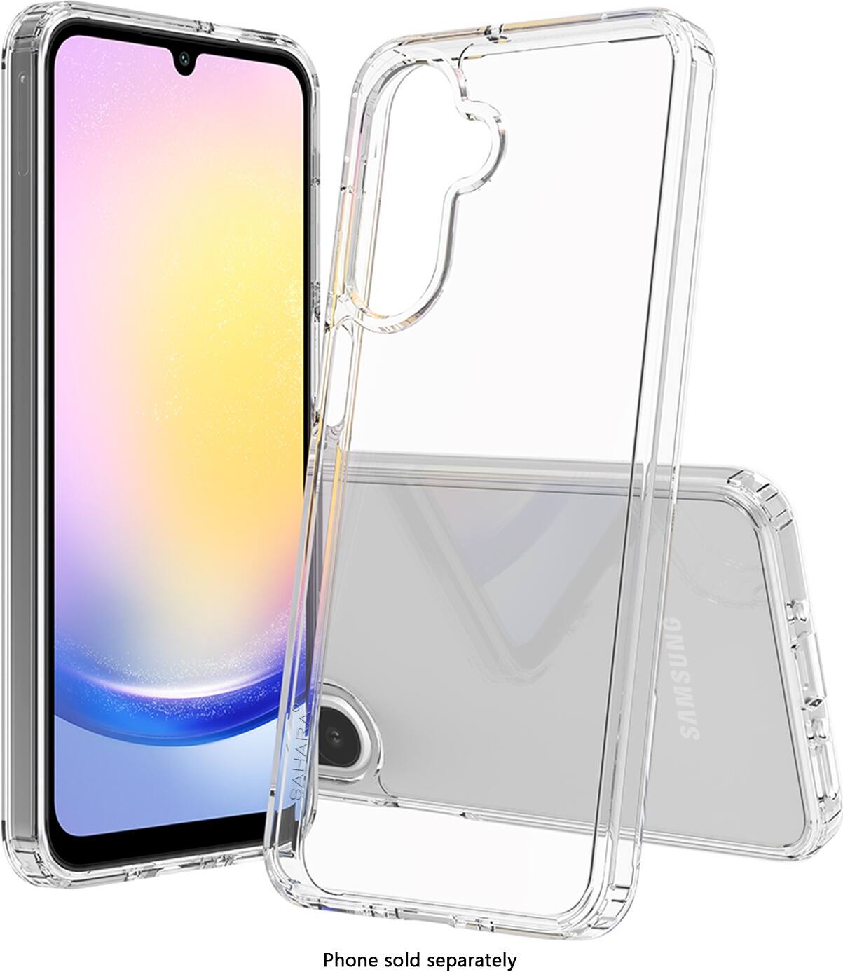 The image shows a Samsung phone that is sold separately. The phone is placed inside a clear case, which is also sold separately. The case is designed to protect the phone from scratches and other damages. The phone and case are both available for purchase, and they are not included in a bundle.