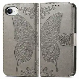 Dteck - Wallet Case for Apple iPhone 17e/iPhone 16e, Embossed Butterfly Pattern Leather Card Slots Flip Stand Cover+Strap - Gray