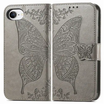 Front. Dteck - Wallet Case for Apple iPhone 17e/iPhone 16e, Embossed Butterfly Pattern Leather Card Slots Flip Stand Cover+Strap - Gray.