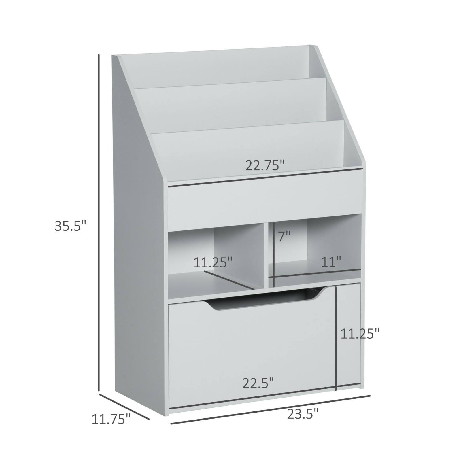 - Width: 22.75"
- Depth: 23.5"
- Height: 35.5"
- Shelf 1: 11.25" (height)
- Shelf 2: 11" (depth) x 7" (width)
- Shelf 3: 11.25" (height)
- Drawer: 11.75" (height)