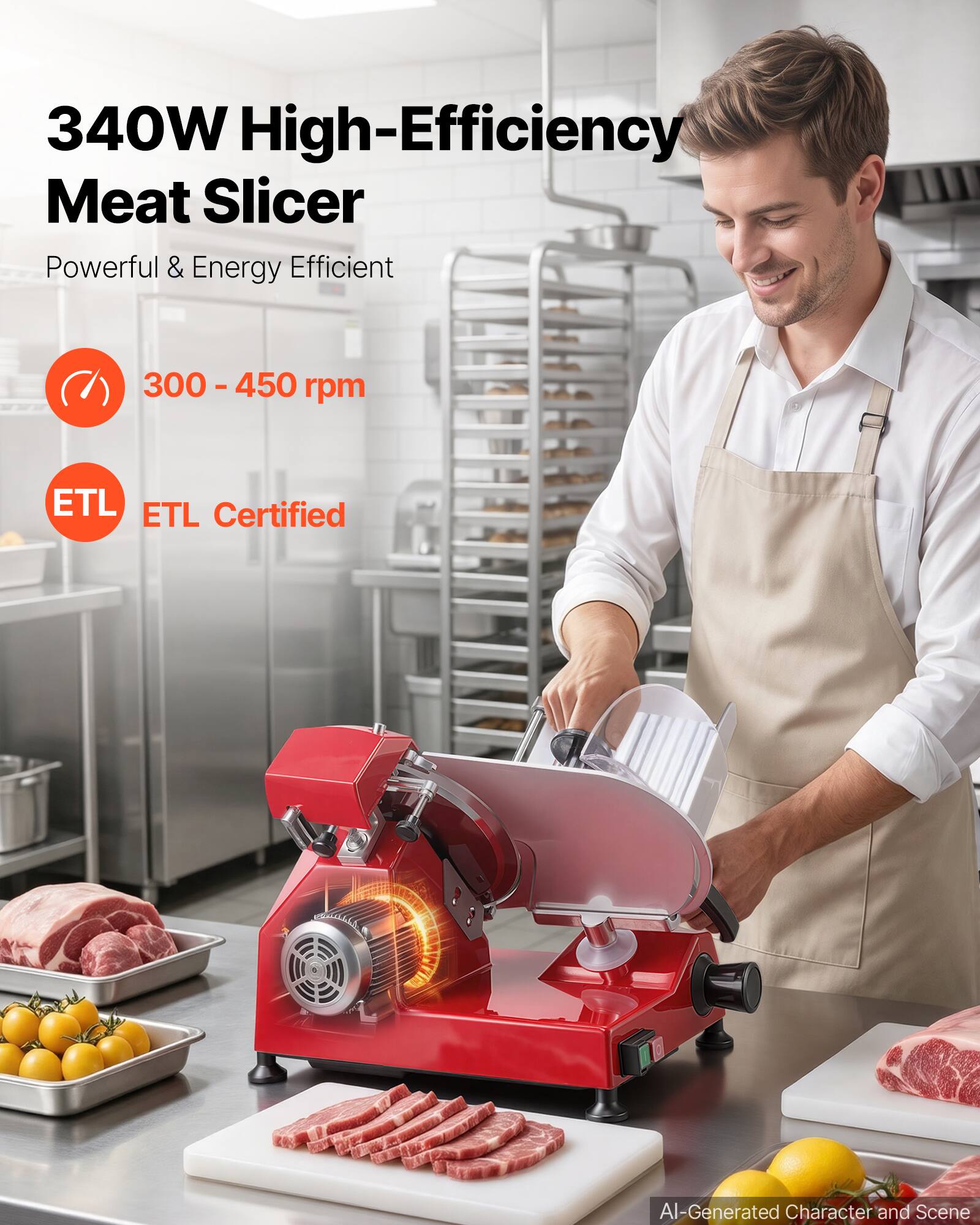 340W High-Efficiency Meat Slicer  
Powerful & Energy Efficient  
300 - 450 rpm  
ETL Certified  
AI-Generated Character and Scene