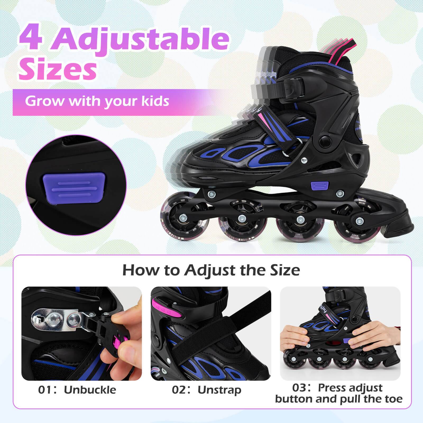 4 Adjustable Sizes  
Grow with your kids  

How to Adjust the Size  
01: Unbuckle  
02: Unstrap  
03: Press adjust button and pull the toe