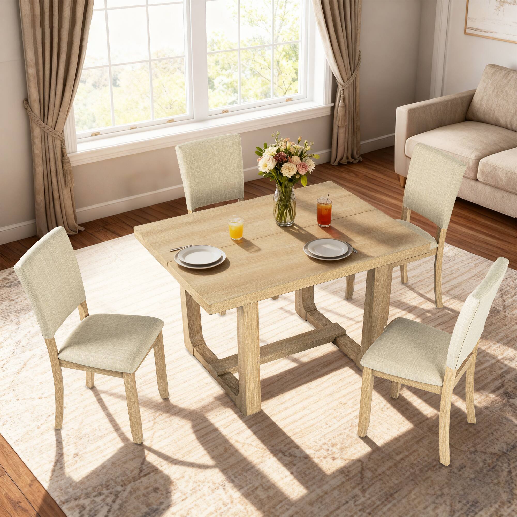 Left. Vaczon - 4-Piece Upholstered Side Chair Set - Comfortable Foam Seats and Transitional Style, Ideal for Dining, Home Office Chairs - Natural.