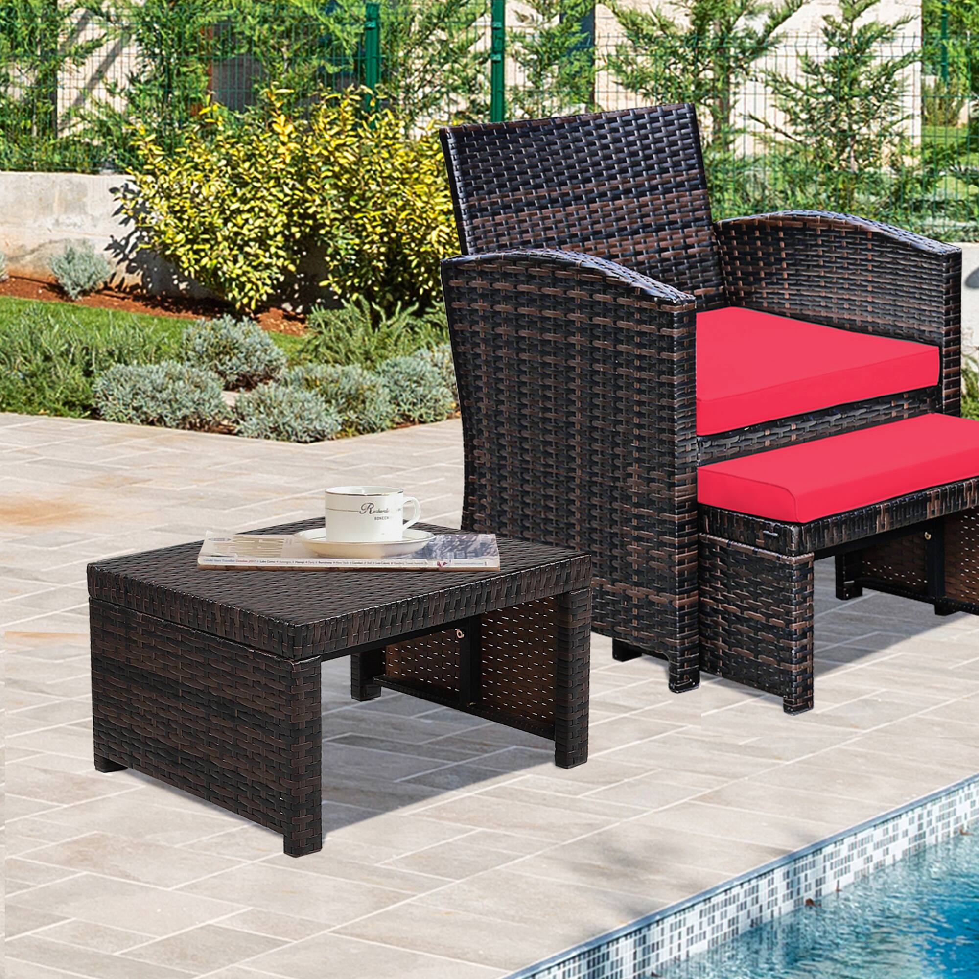 Alt View 4. Gymax - Gymax Set of 2 Rattan Ottoman Footrest Footstool Patio Furniture w/ Red Cushion - Red.