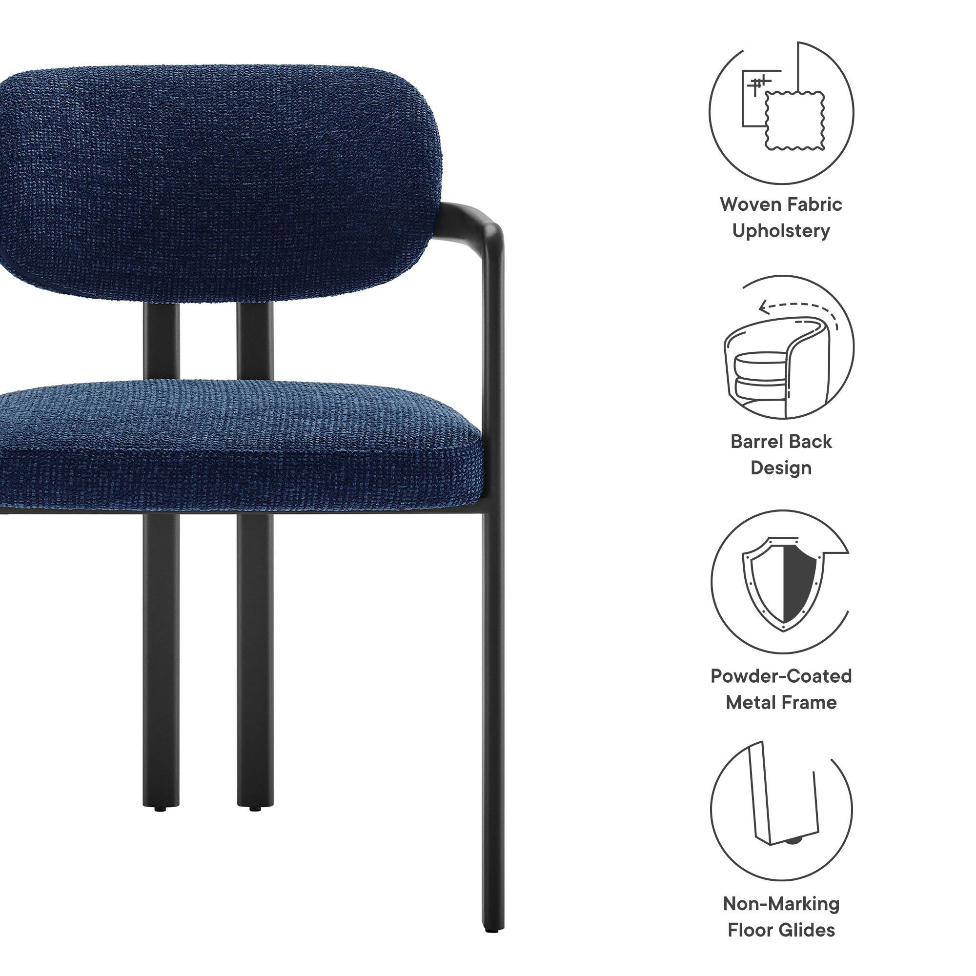 - Woven Fabric Upholstery
- Barrel Back Design
- Powder-Coated Metal Frame
- Non-Marking Floor Glides
