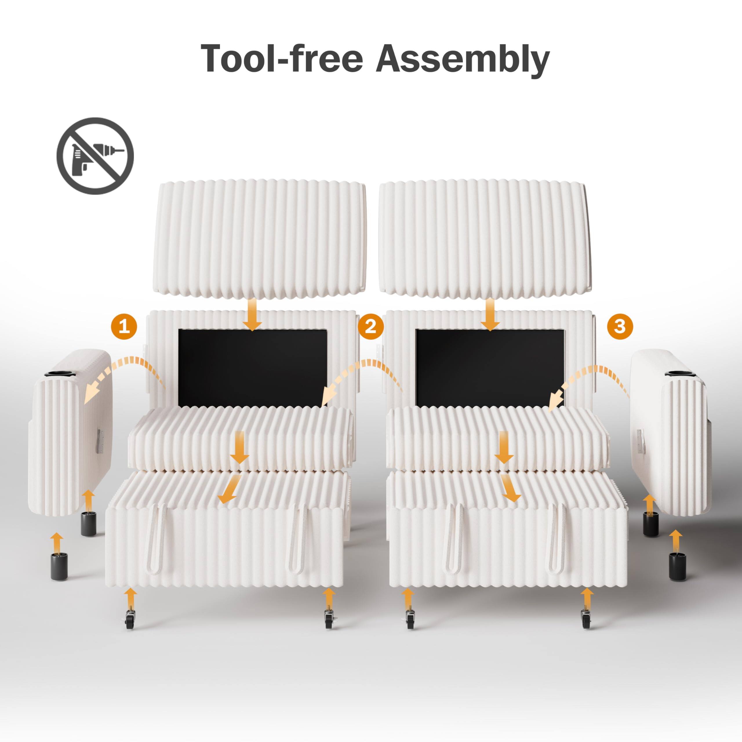Tool-free Assembly

1. Place the top panel.
2. Attach the side panels.
3. Add the bottom panel.