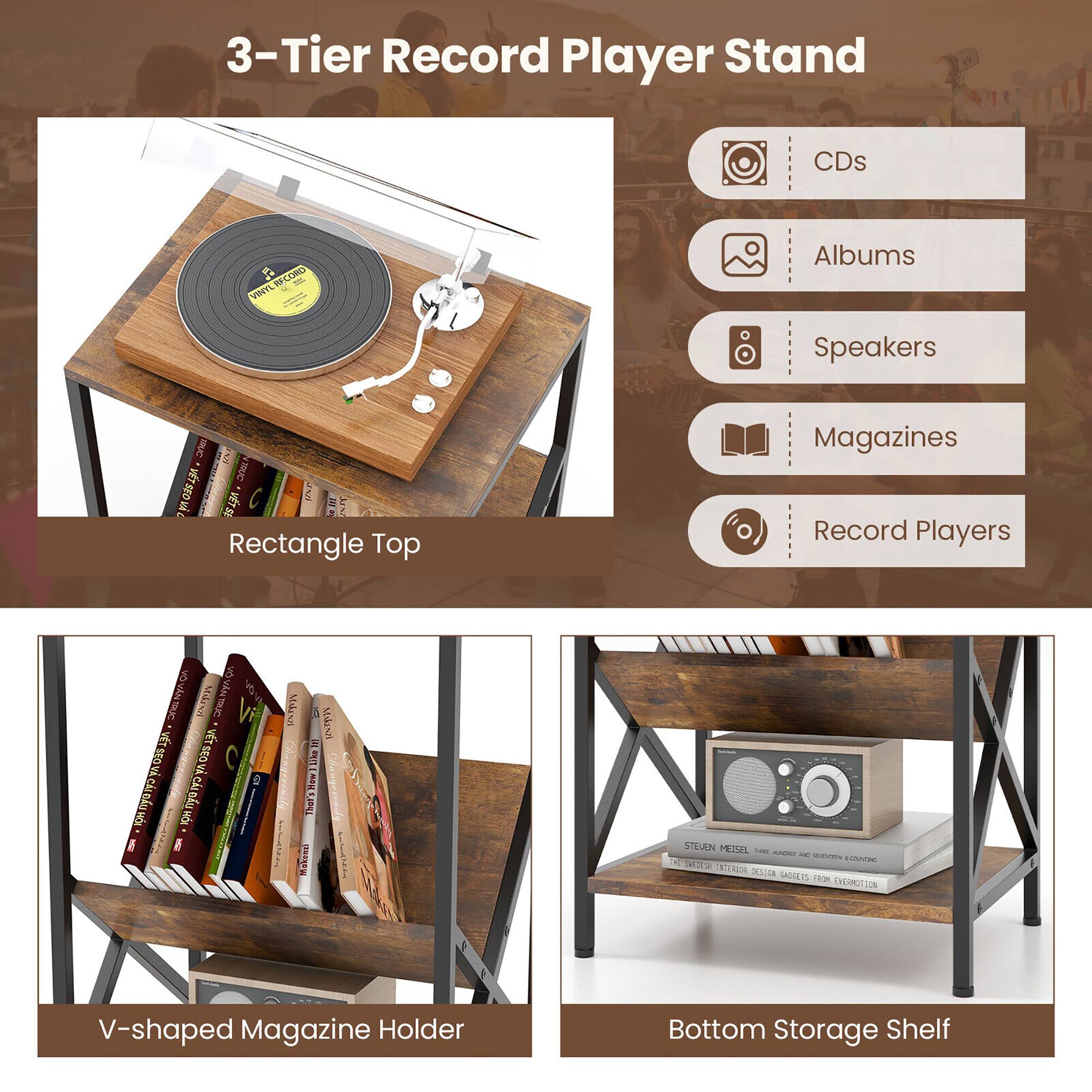 3-Tier Record Player Stand

- CDs
- VINYL RECORD
- Albums
- Speakers
- TRUC KN VT SEO N TRUC Rectangle Top
- Magazines Record Players
- SEO V HE CLDU
- NYA V VT SEO CI nyo HOL
- NATURAL
- (41 like They's Makenzi
- MAKENZI
- STEVEN MEISEL MADRET DC SEUDIONS SWEETSH INTERIOR DESIGN CASSETS FROM EVERMOTION
- V-shaped Magazine Holder
- Bottom Storage Shelf