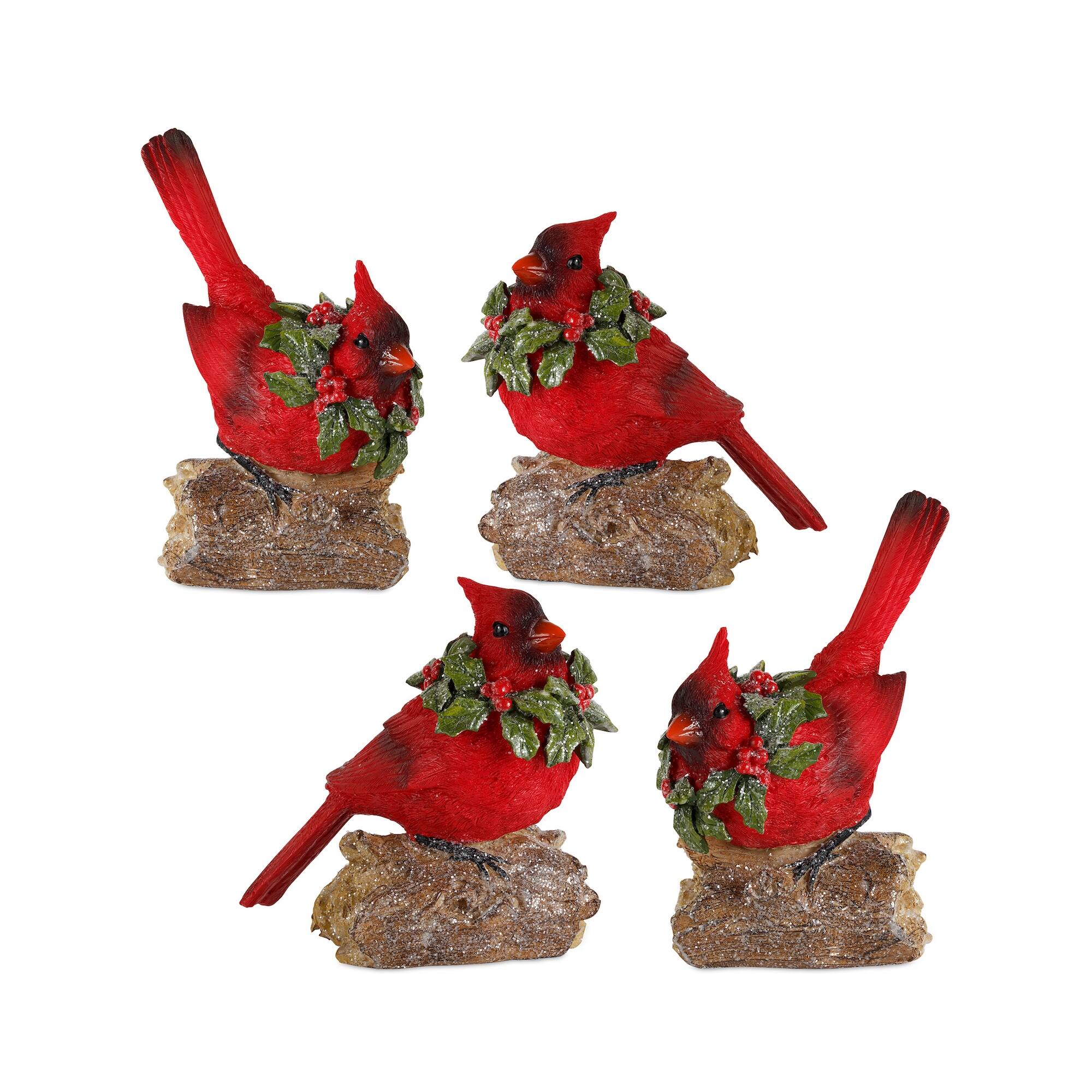 Front. BreeBe - Perched Cardinal Bird on Log with Holly Wreath Accent (Set of 4) - Red, Green, Brown.