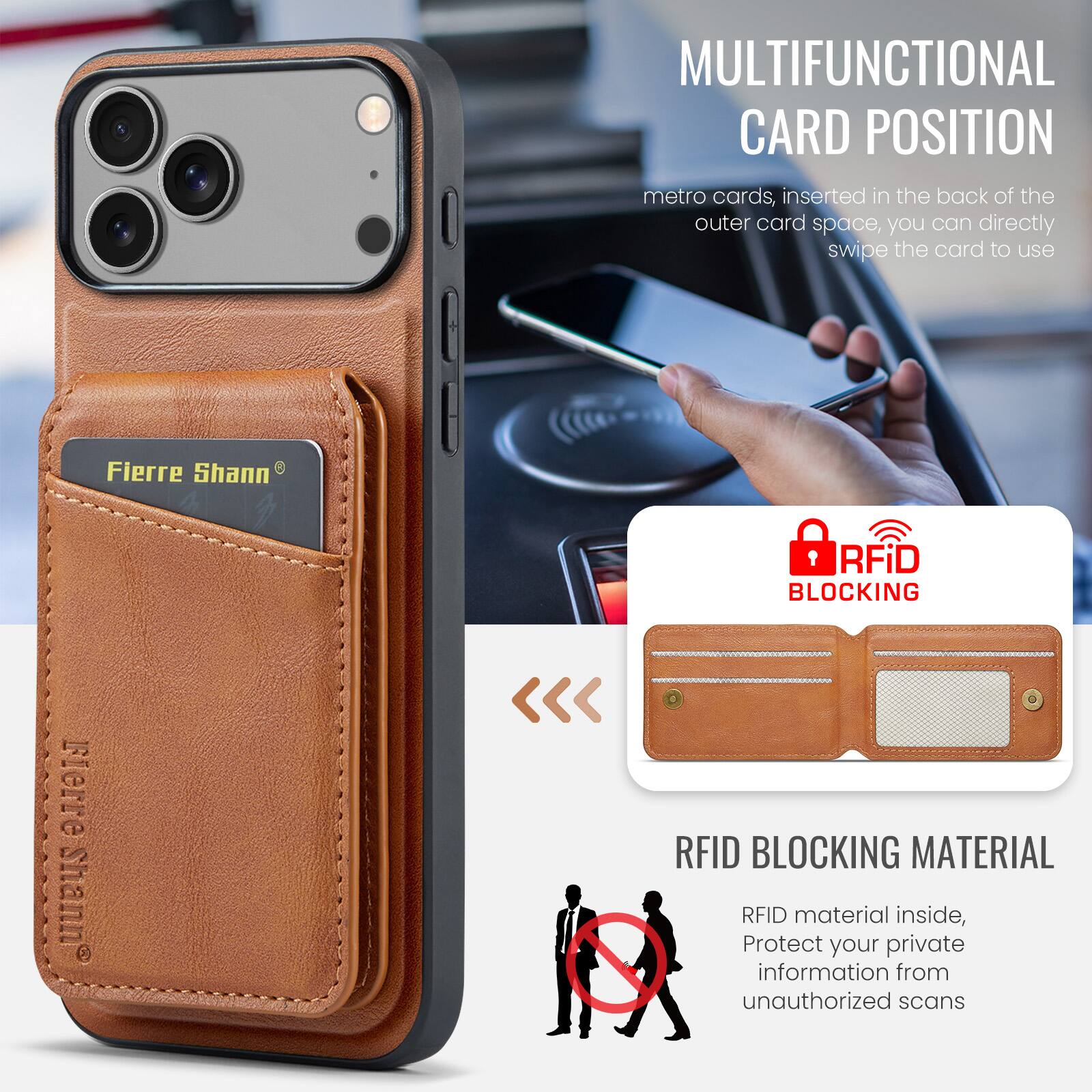 MULTIFUNCTIONAL CARD POSITION

Metro cards, inserted in the back of the outer card space, you can directly swipe the card to use

RFID BLOCKING

RFID BLOCKING MATERIAL

RFID material inside, Protect your private information from unauthorized scans