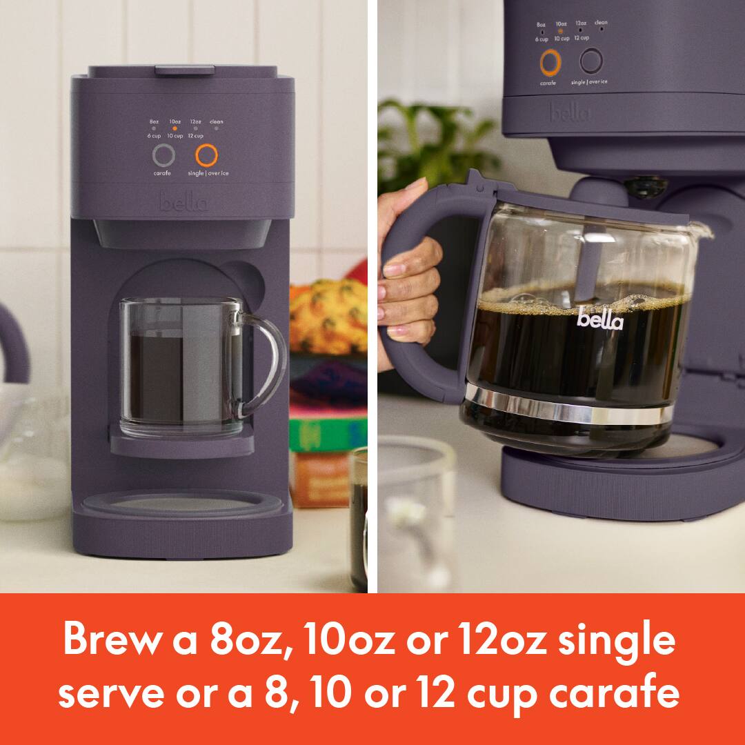 Brew a 8oz, 10oz or 12oz single serve or a 8, 10 or 12 cup carafe