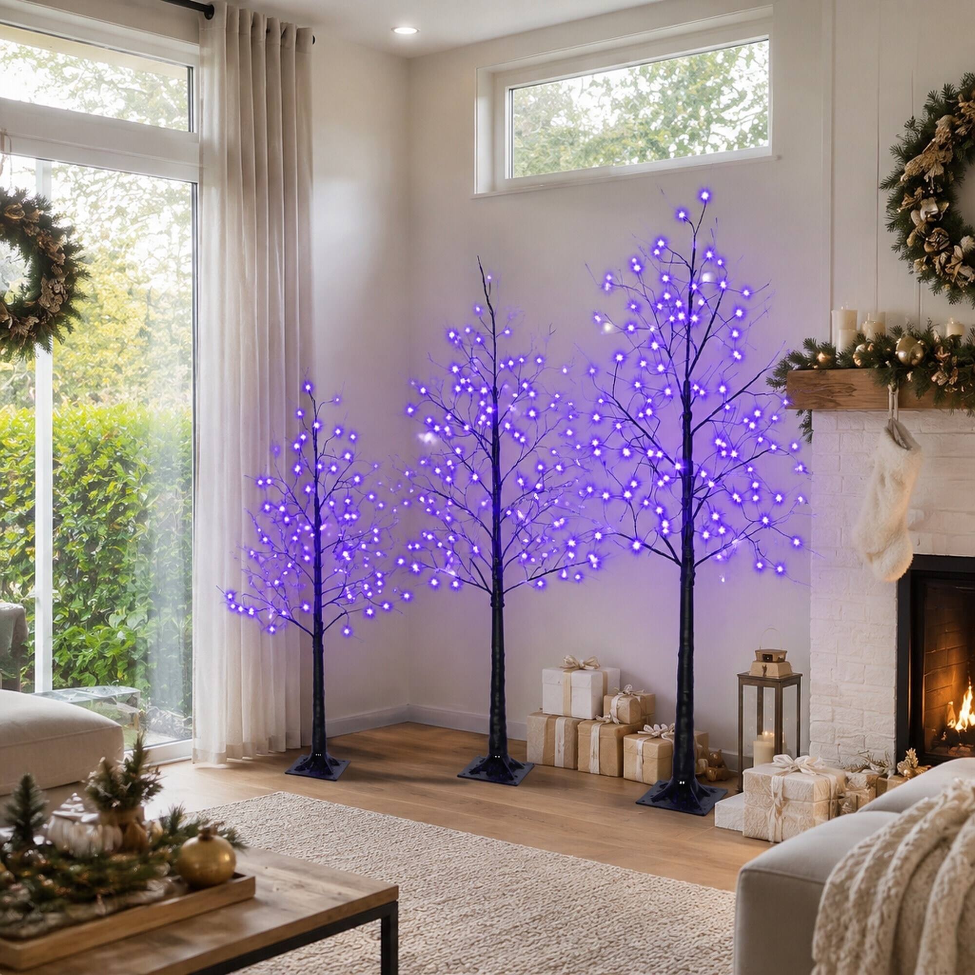 Back. RYHNUYNE - 3-Pack Black Christmas Tree Set, 4FT 5FT 6FT Sizes Purple LED Lights Lighted Xmas Holiday Decor - Black,Purple.