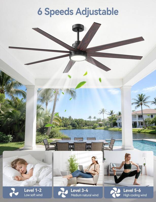 6 Speeds Adjustable

Level 1-2: Low soft wind  
Level 3-4: Medium natural wind  
Level 5-6: High cooling wind