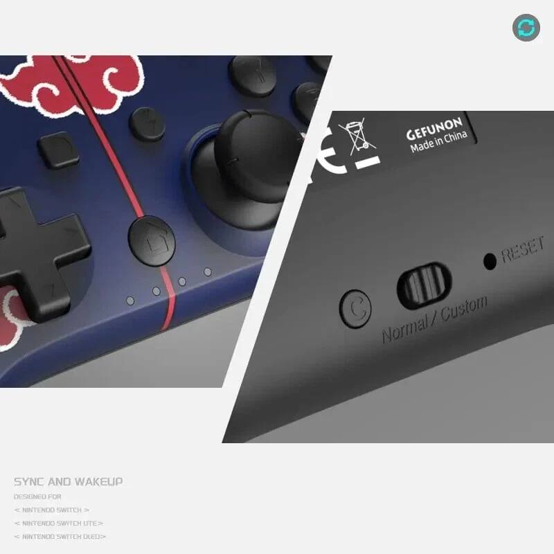 Gefunon  
Made in China  

SYNC AND WAKEUP  
DESIGNED FOR  
- NINTENDO SWITCH  
- NINTENDO SWITCH LTE  
- NINTENDO SWITCH OLED  

Normal / Custom  
RESET