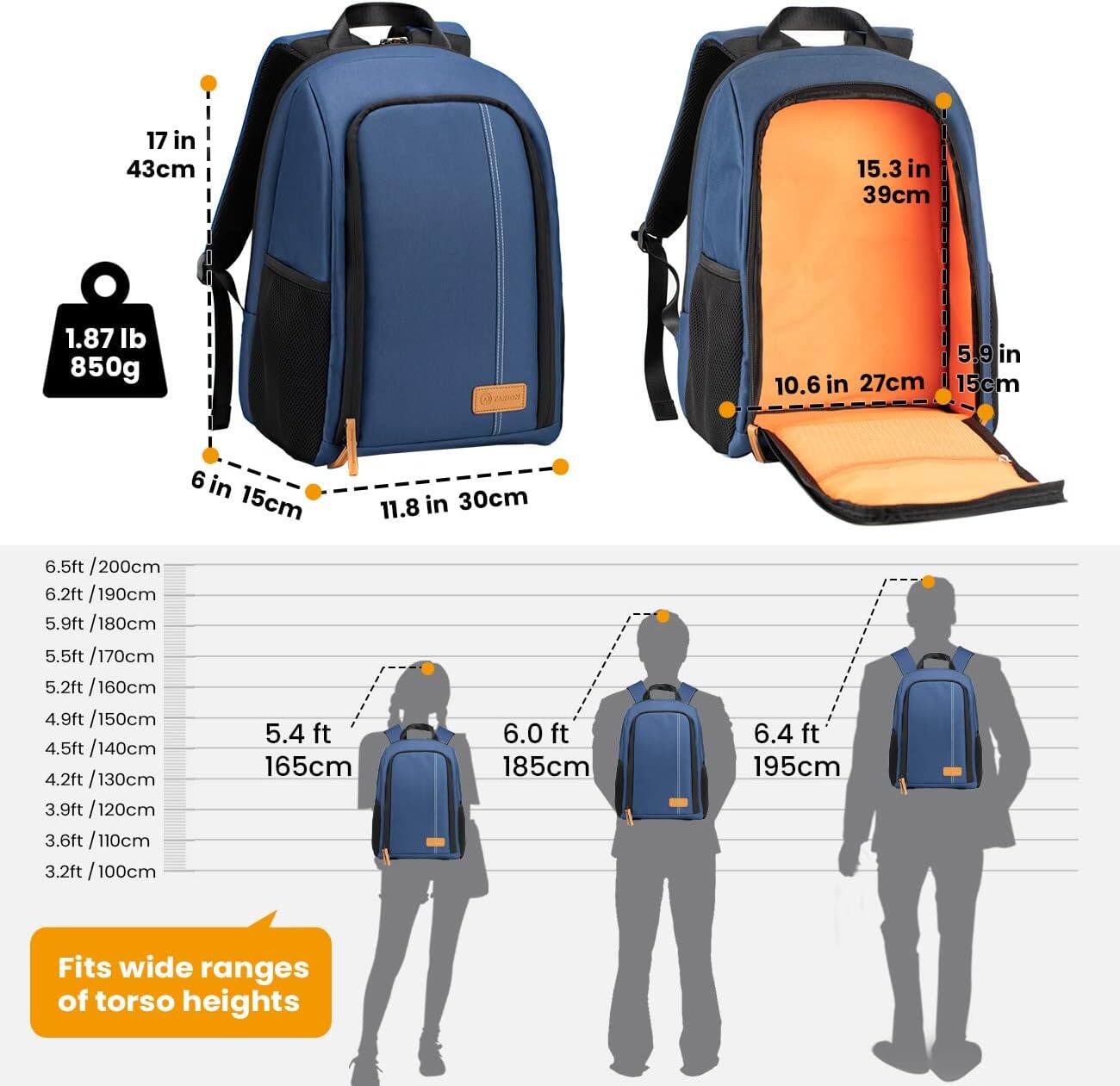 - 17 in / 43 cm
- 15.3 in / 39 cm
- 1.87 lb / 850 g
- 6 in / 15 cm
- 11.8 in / 30 cm
- 10.6 in / 27 cm
- 5.9 in / 15 cm

- 6.5 ft / 200 cm
- 6.2 ft / 190 cm
- 5.9 ft / 180 cm
- 5.5 ft / 170 cm
- 5.2 ft / 160 cm
- 4.9 ft / 150 cm
- 4.5 ft / 140 cm
- 4.2 ft / 130 cm
- 3.9 ft / 120 cm
- 3.6 ft / 110 cm
- 3.2 ft / 100 cm

- 5.4 ft / 165 cm
- 6.0 ft / 185 cm
-