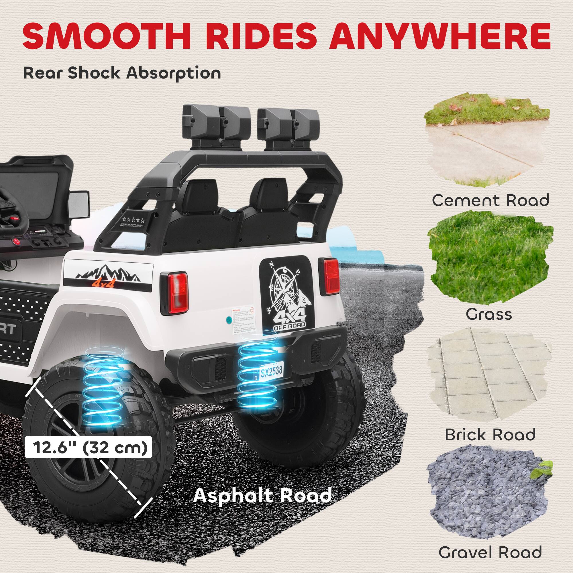 SMOOTH RIDES ANYWHERE  
Rear Shock Absorption  

12.6" (32 cm)  

Cement Road  
Grass  
Brick Road  
Asphalt Road  
Gravel Road