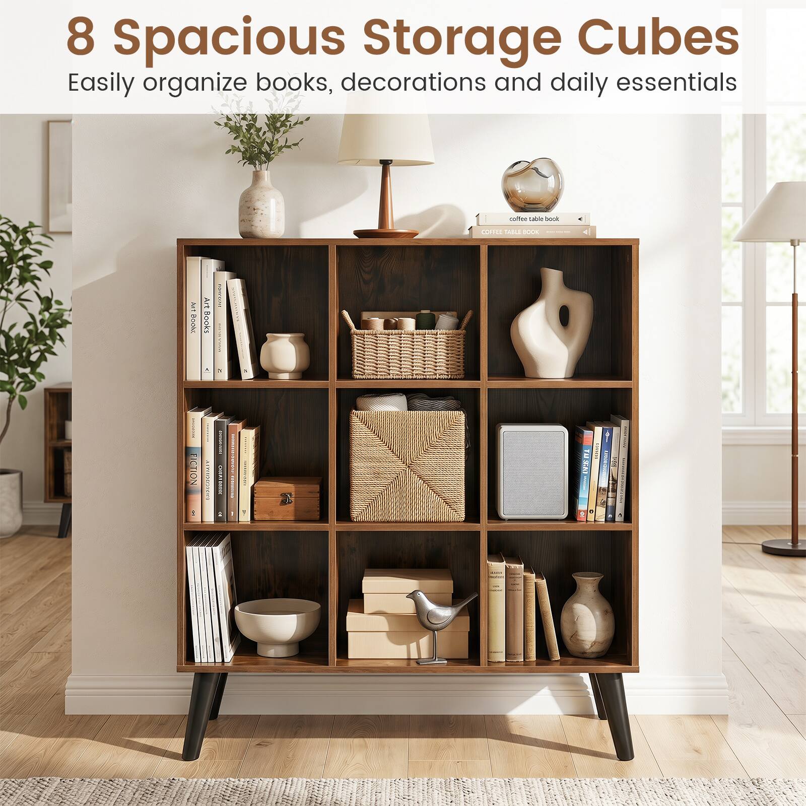 8 Spacious Storage Cubes  
Easily organize books, decorations and daily essentials