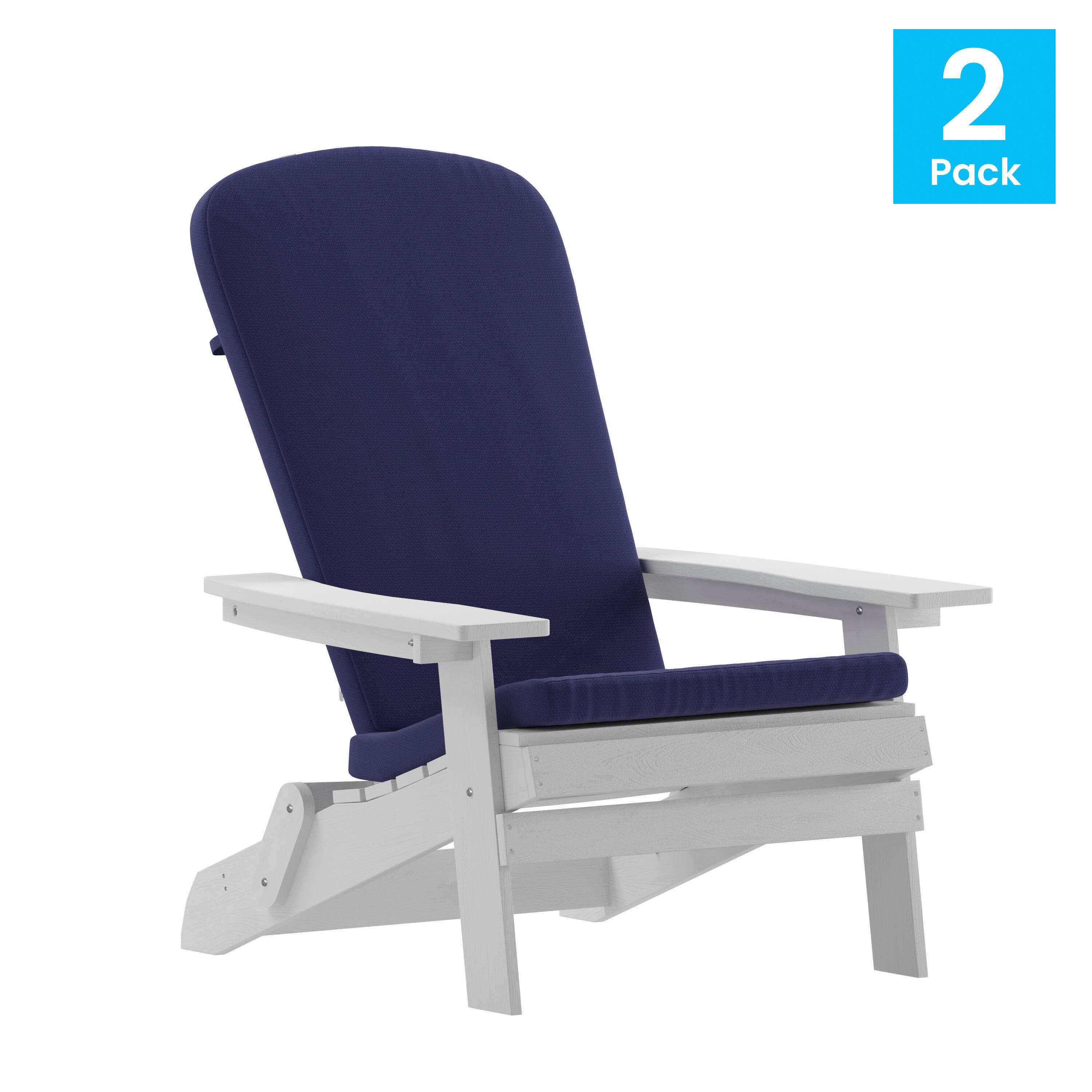 Alt View 1. Emma + Oliver - Haven Set of Two All-Weather Poly Resin Folding Adirondack Chairs for Indoor/Outdoor Use - Blue Cushions/White Frame.