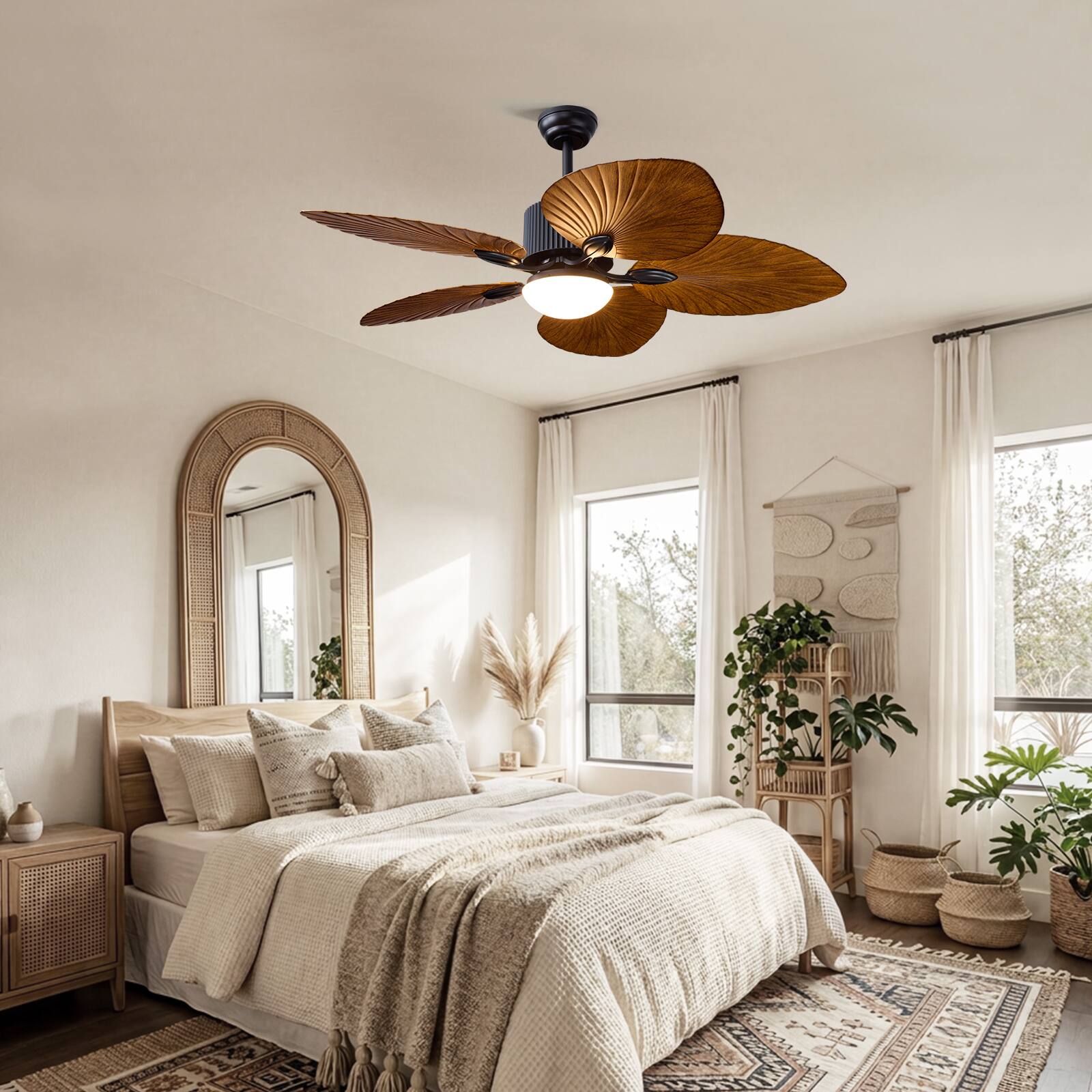 Alt View 1. Siljoy - 52 Inch Palm Leaf Ceiling Fan with Light, Leaf-Shaped Blades, Dimmable LED & Remote Control for Tropical Home Decor - Brown.