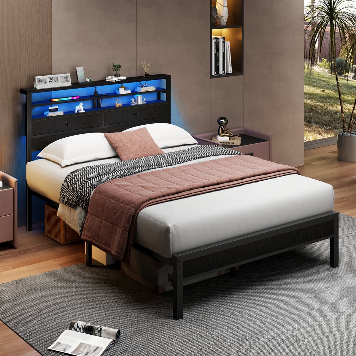 Furnulem - Bed Frame With RGB Led Lights Bed With Headboard Charging Station Oack - Black