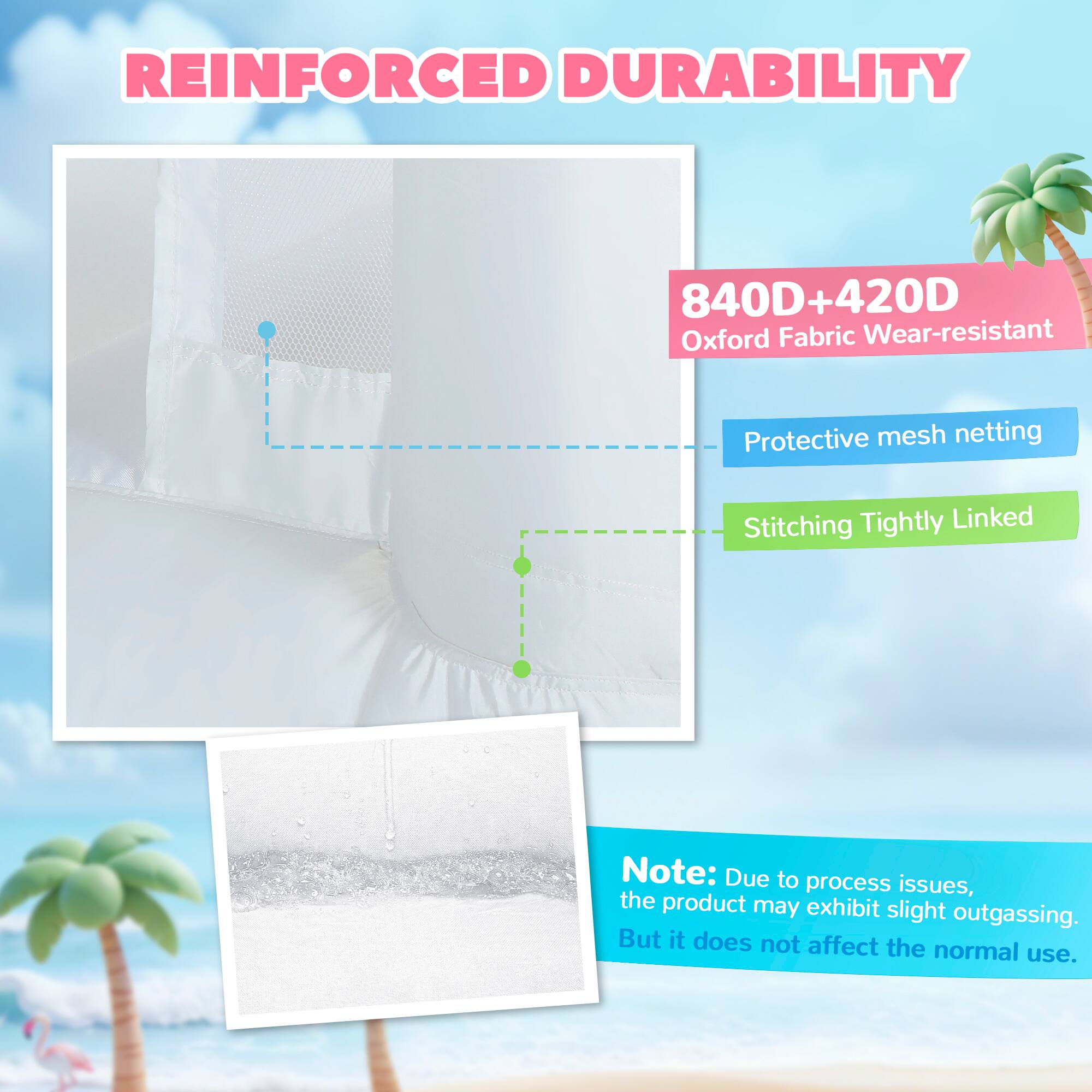 REINFORCED DURABILITY

840D+420D Oxford Fabric Wear-resistant  
Protective mesh netting  
Stitching Tightly Linked  

Note: Due to process issues, the product may exhibit slight outgassing. But it does not affect the normal use.