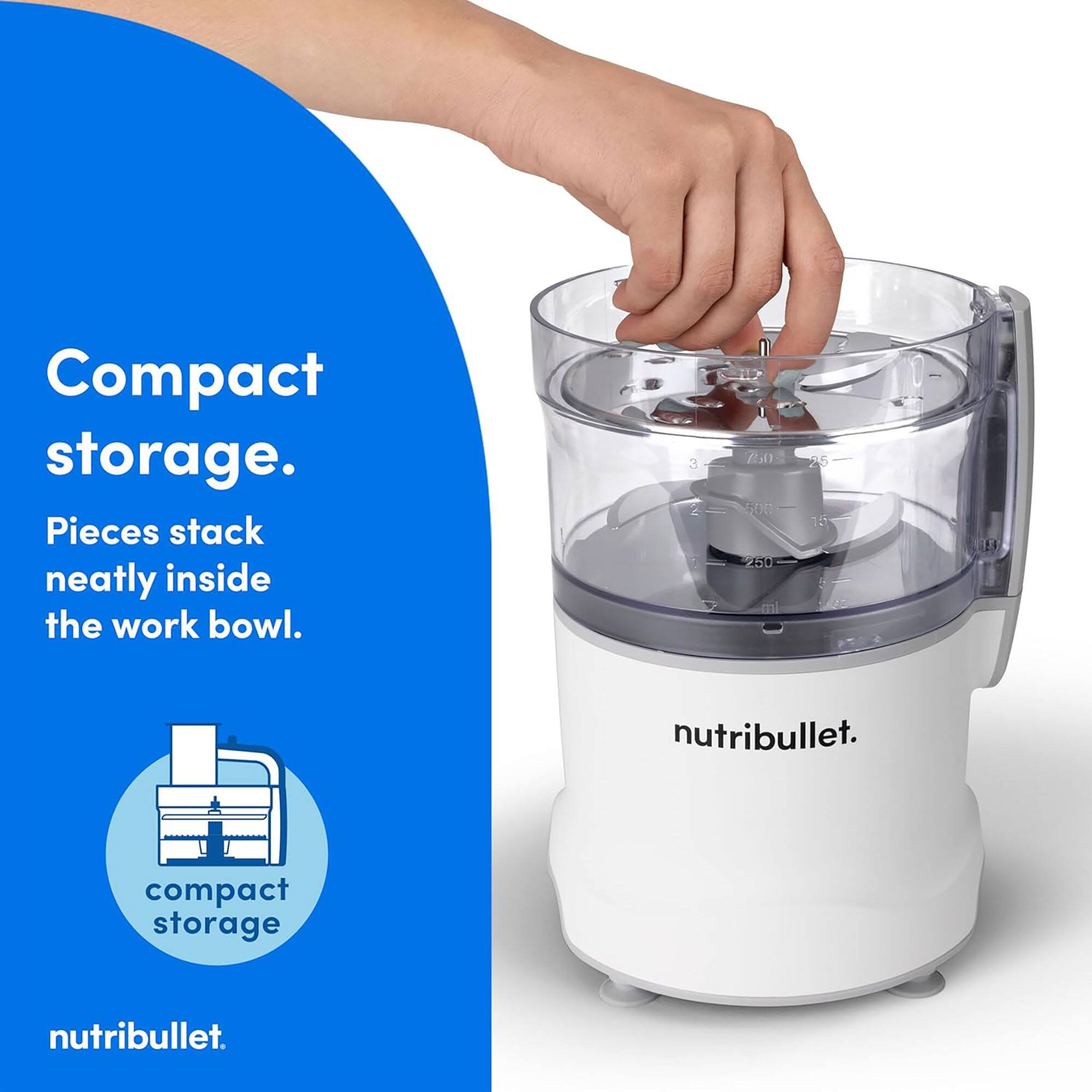 Compact storage. Pieces stack neatly inside the work bowl. 3 2 5 50 450 25 10 nutribullet. compact storage nutribullet.