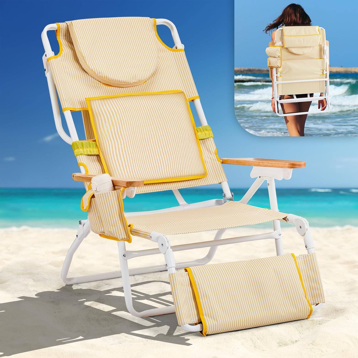 Alt View 6. Winado - 40in Beach Tanning Chair 3in1 with Face Hole Reclining Lounge, Foot Rest, Cup Holder, Storage Bag, for Outdoor Beach - Yellow.