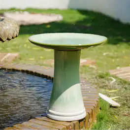 Loheer - Handmade Ceramic Bird Bath 17 Inch Green Gradient Glaze Outdoor Garden Stand Weather Resistant for Birds Bathing Feeding - Green + Ceramic