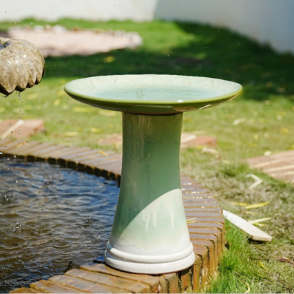 Front. Loheer - Handmade Ceramic Bird Bath 17 Inch Green Gradient Glaze Outdoor Garden Stand Weather Resistant for Birds Bathing Feeding - Green + Ceramic.