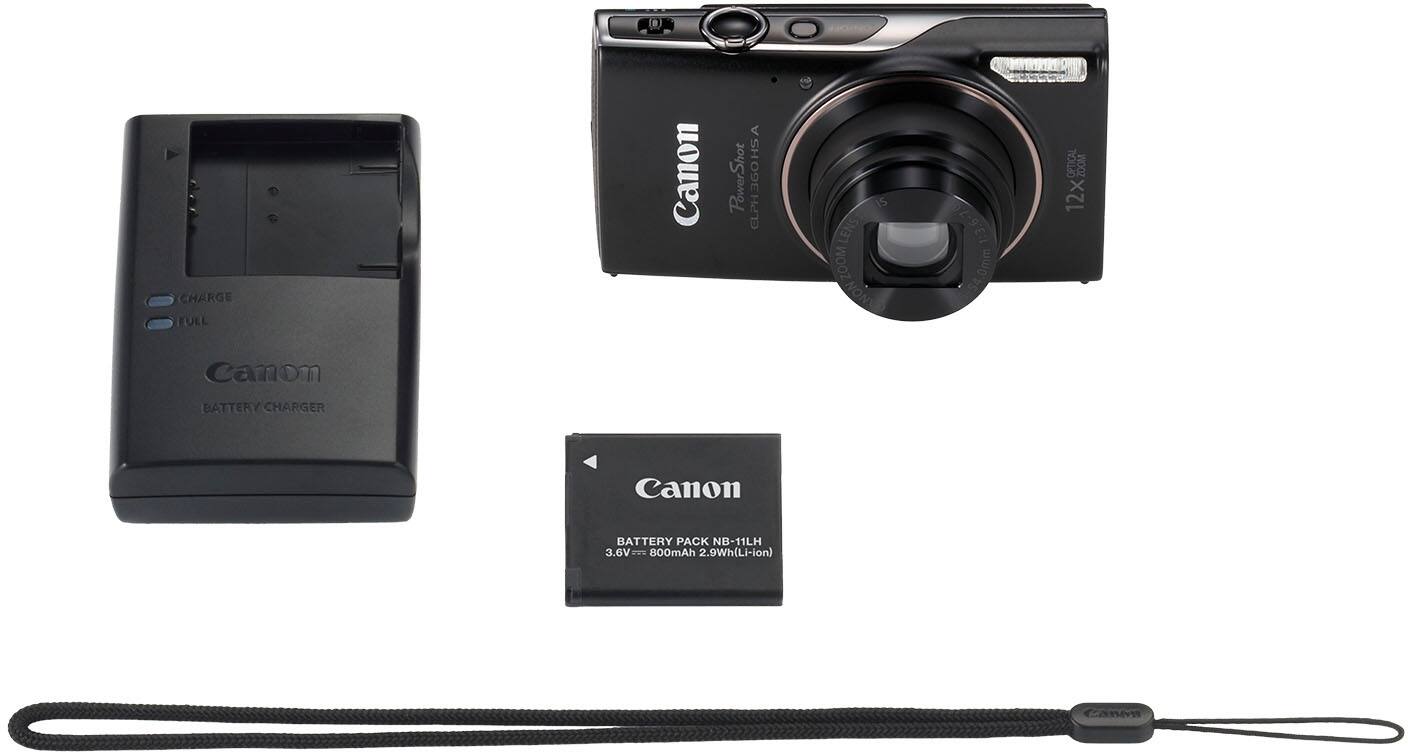 Canon PowerShot CLPH360HS  
3G0 I5 LENS INON ZOOM 1:3.0mm OPTICAL 200M 12x  
Canon BATTERY CHARGER  
Canon BATTERY PACK NB-11LH  
3.6V 800mAh 2.9Wh (Li-ion)