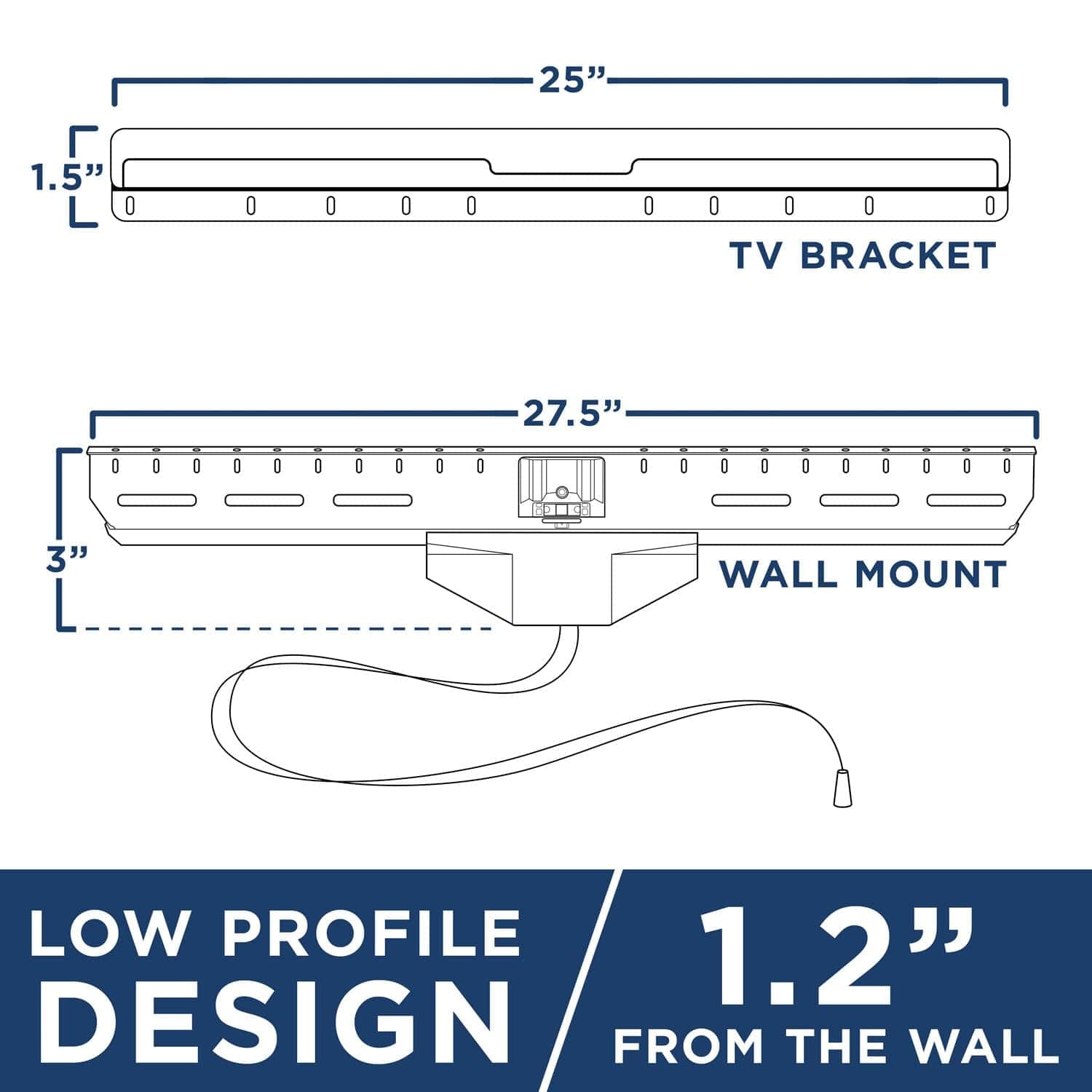 25" TV BRACKET  
1.5"  
27.5" WALL MOUNT  
3"  
LOW PROFILE DESIGN  
1.2" FROM THE WALL