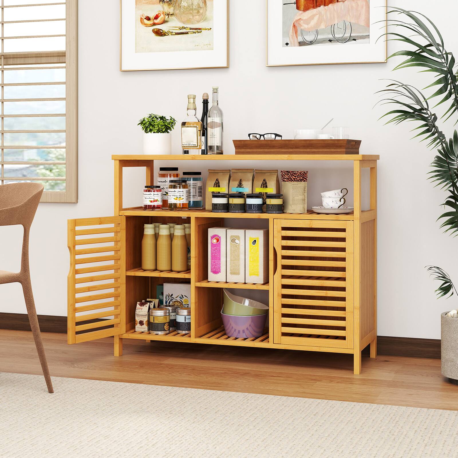 Alt View 3. Gymax - Gymax Bamboo Bathroom Cabinet 2-Door Storage Organizer w/ Shelves for Living Room - Natural.