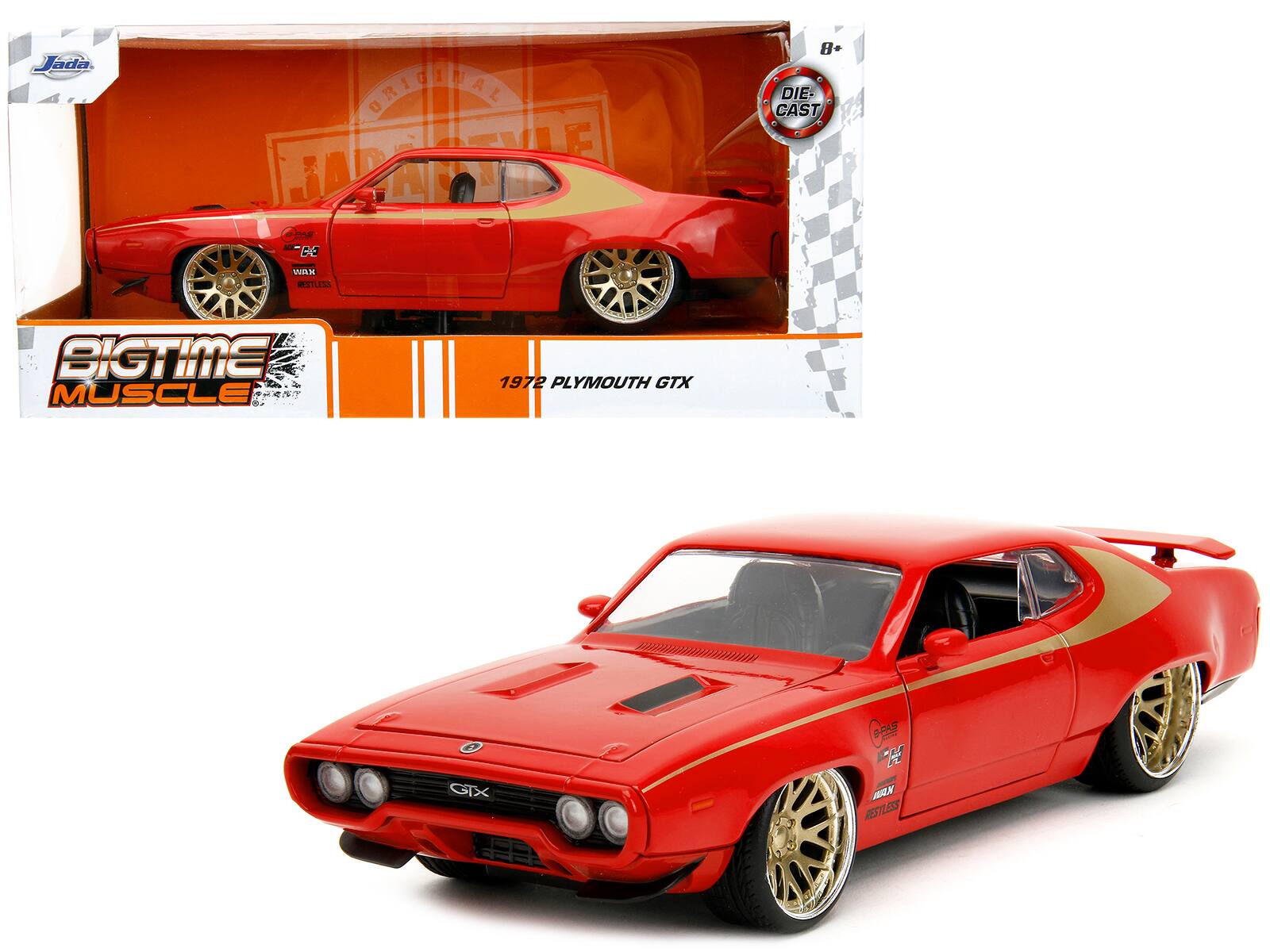 1972 Plymouth GTX Graphics "Bigtime Muscle" Series 1/24 Diecast Model Car by Jada - Red With Gold