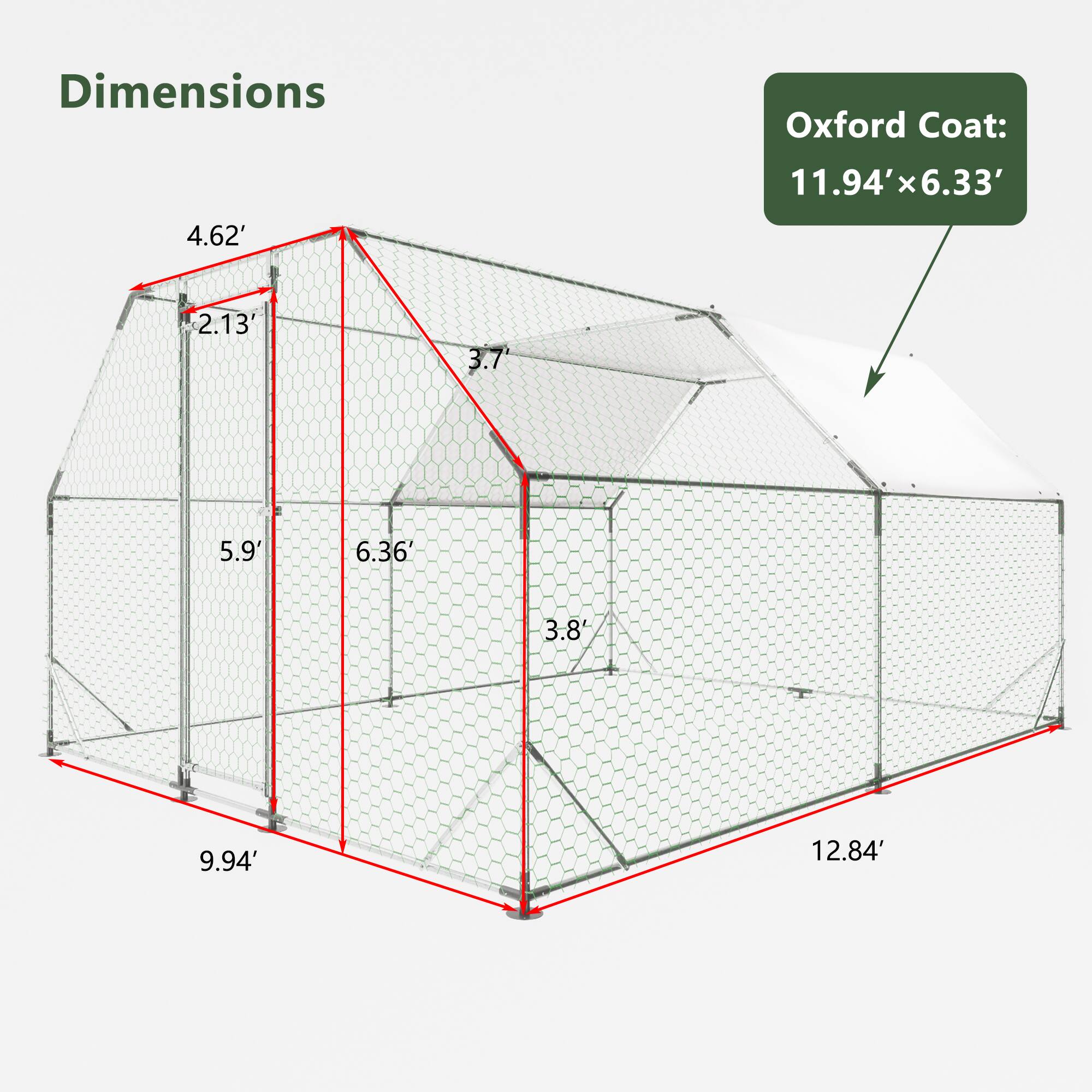 Dimensions Oxford Coat: 11.94' x 6.33'  
4.62'  
2.13'  
3.7'  
5.9'  
6.36'  
3.8'  
9.94'  
12.84'