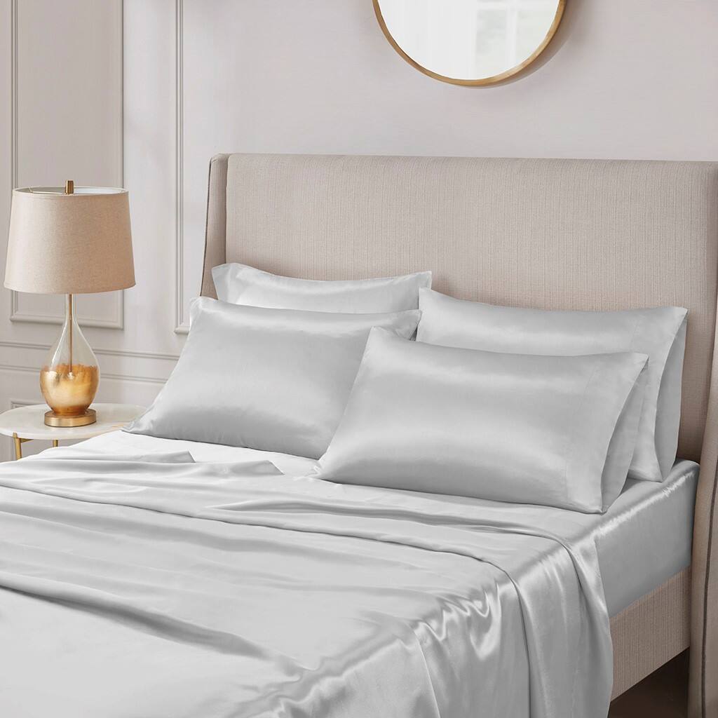 Alt View 1. Gracie Mills - Gracie Mills Coralie 6-Piece Wrinkle-free Satin Sheet Set - Light Grey.