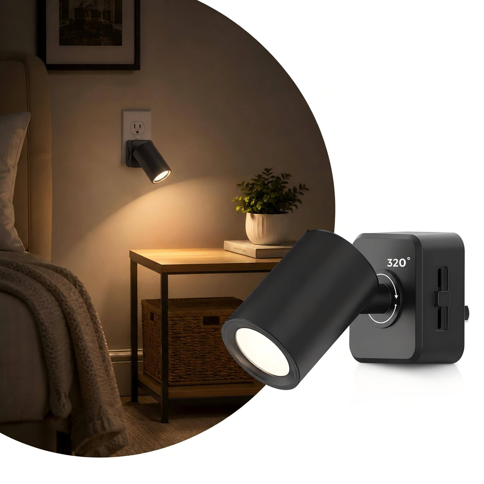 Angle. Jandcase - JANDCASE 1W  Plug-in Night Light, 3000K Warm Glow, Rotatable Round Cylinder Design, Slide Dimmer, US 3-Prong Plug - Black.