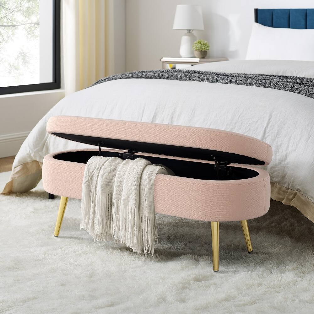 Angle. Ropilly - Ropilly Pink Oval Storage Bench Flannel Upholstered Ottoman with Metal Legs - Pink.
