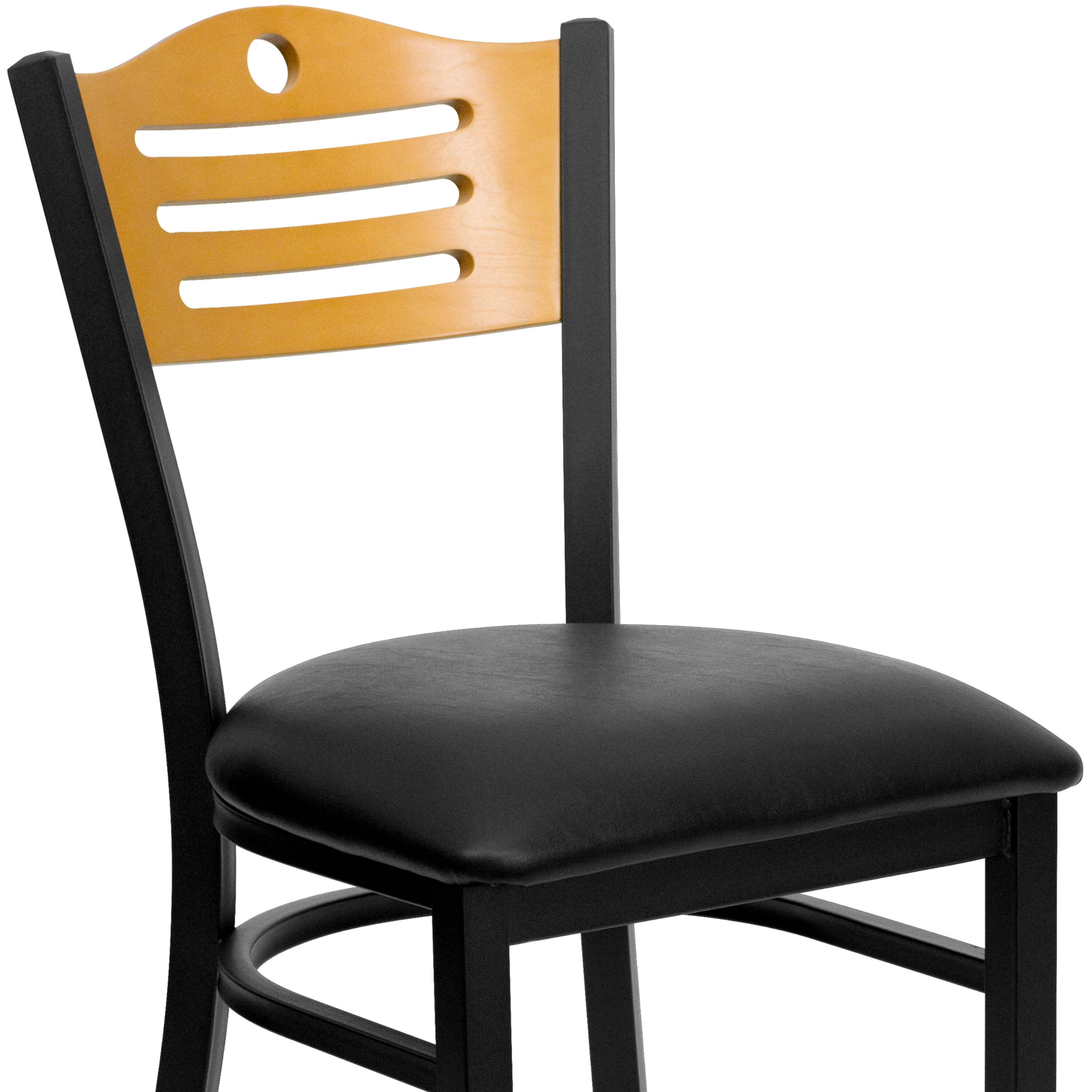 Alt View 8. Emma + Oliver - Slat Back Metal Restaurant Dining Chair - Natural Wood Back/Black Vinyl Seat/Black Metal.